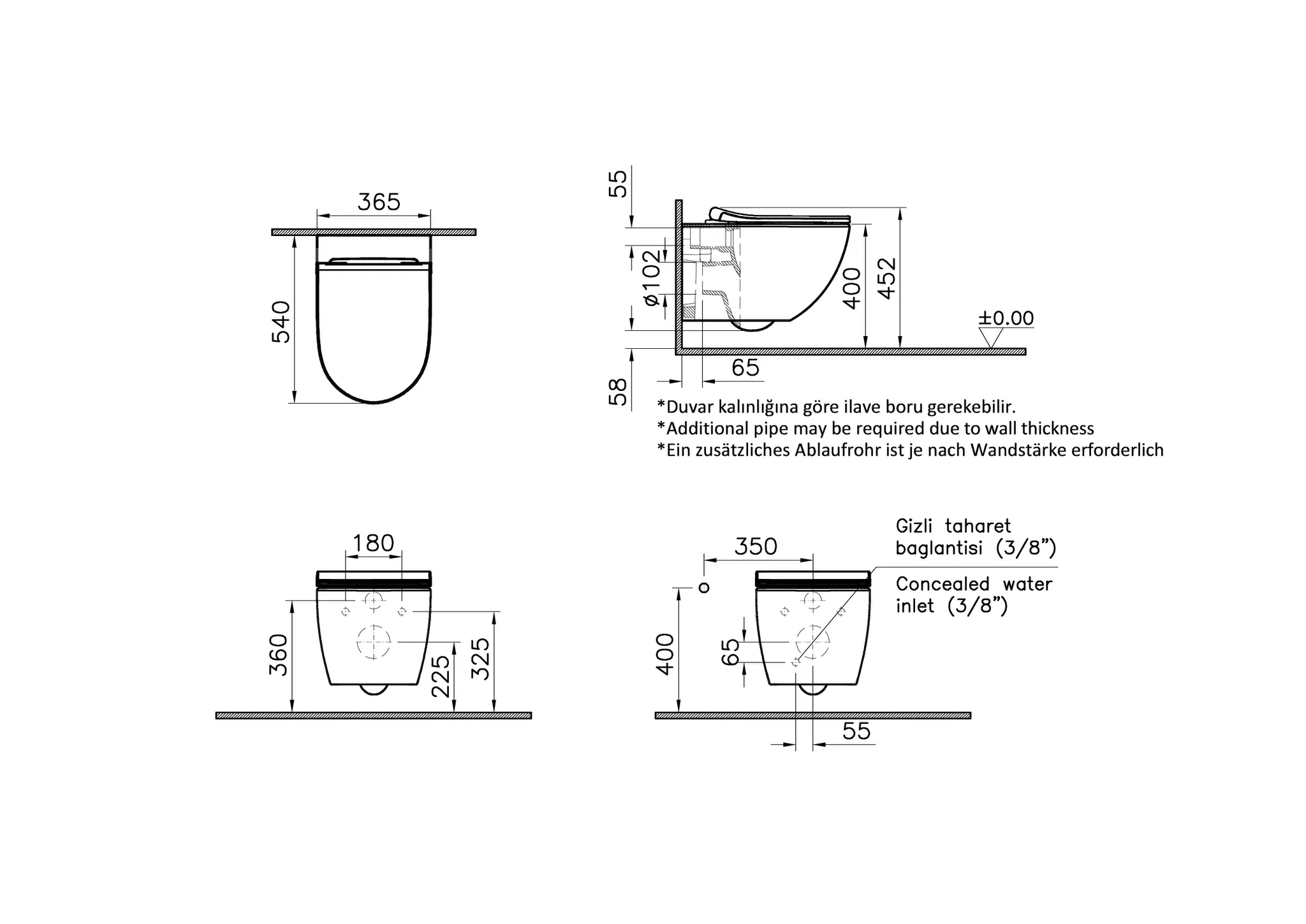 VitrA Aquacare Sento Wand-WC-Set inklusive WC-Sitz Slim mit Bidetfunktion ohne Spülrand mit integriertem Rohrunterbrecher 37 x 54 cm Weiß Hochglanz
