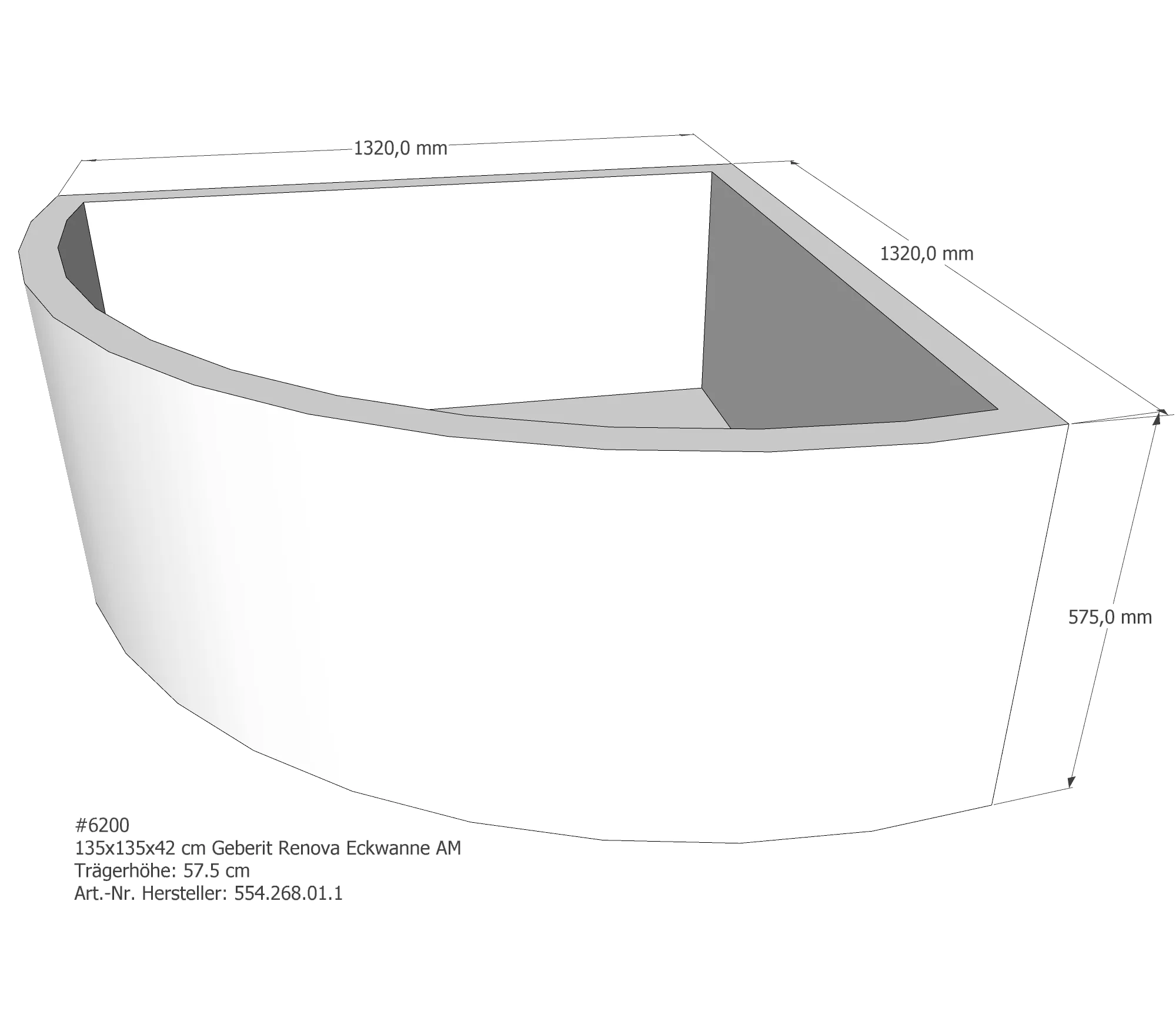 Badewannenträger für Geberit Renova 135 × 135 × 42 cm