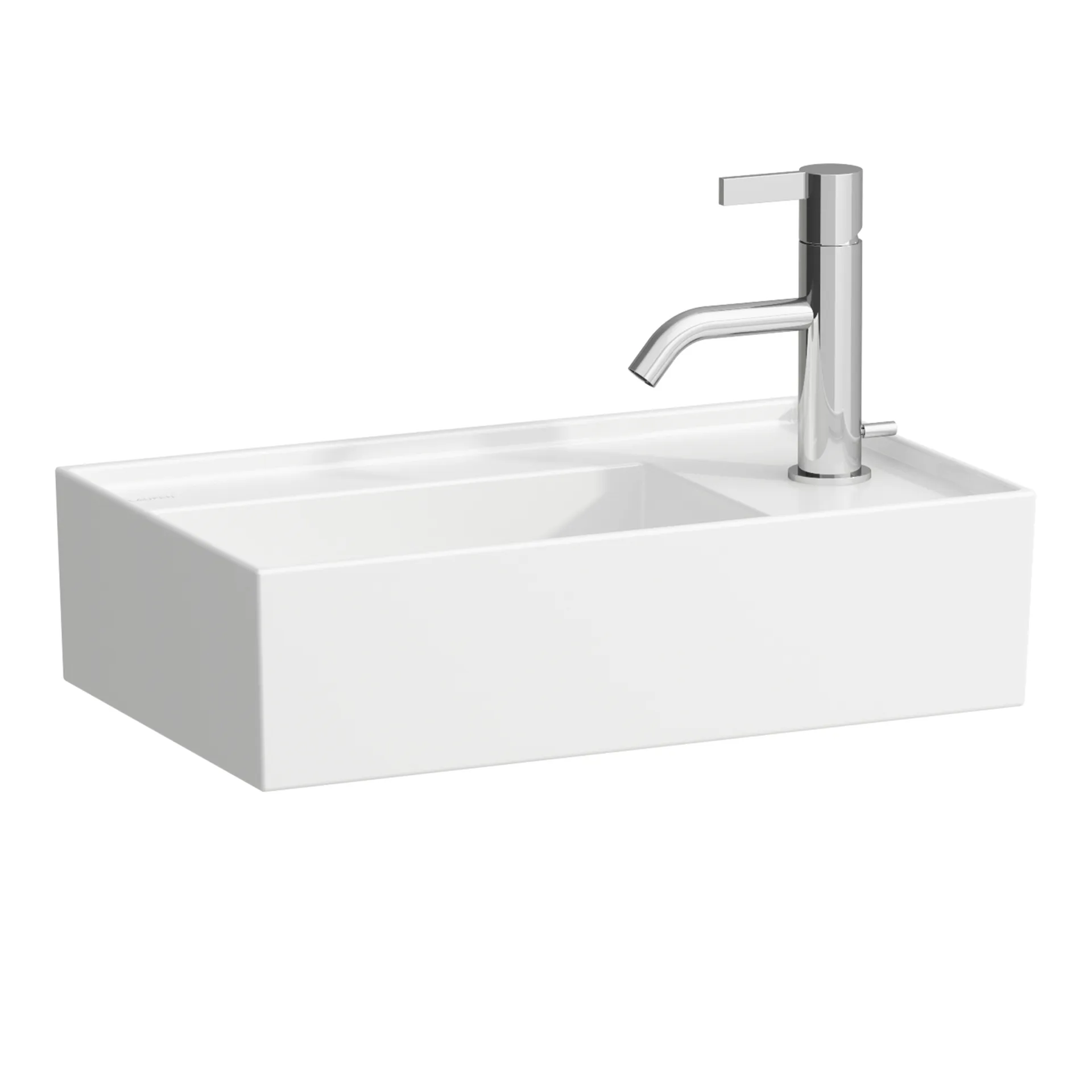 Handwaschbecken Kartell • 280x460x150 asymmetrisch 1 Hahnloch ohne Überlauf versteckter Ablauf mit Armaturenbank rechts weiß