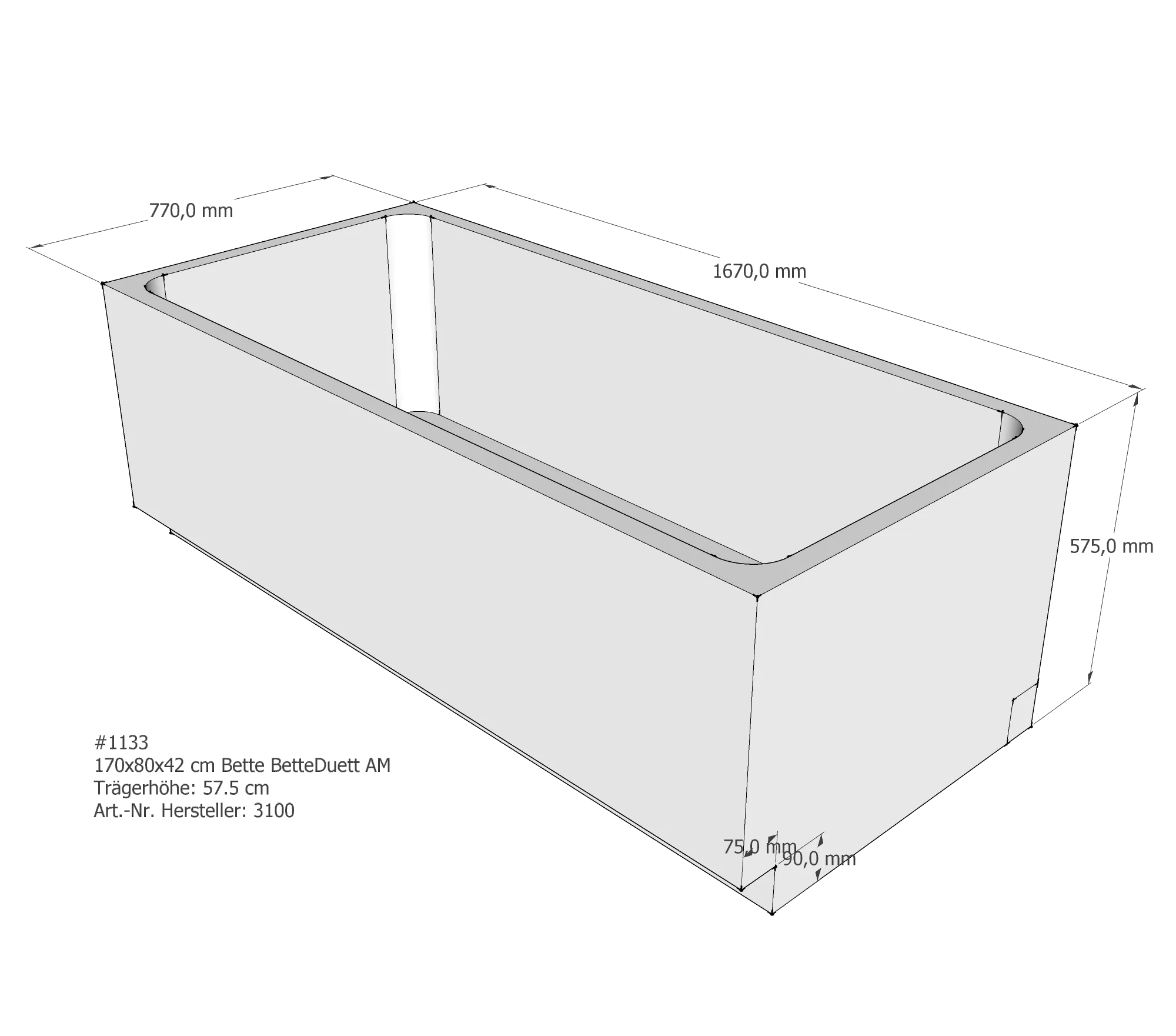 Badewannenträger für Bette Duett 170 × 80 × 42 cm Breite: 80 cm