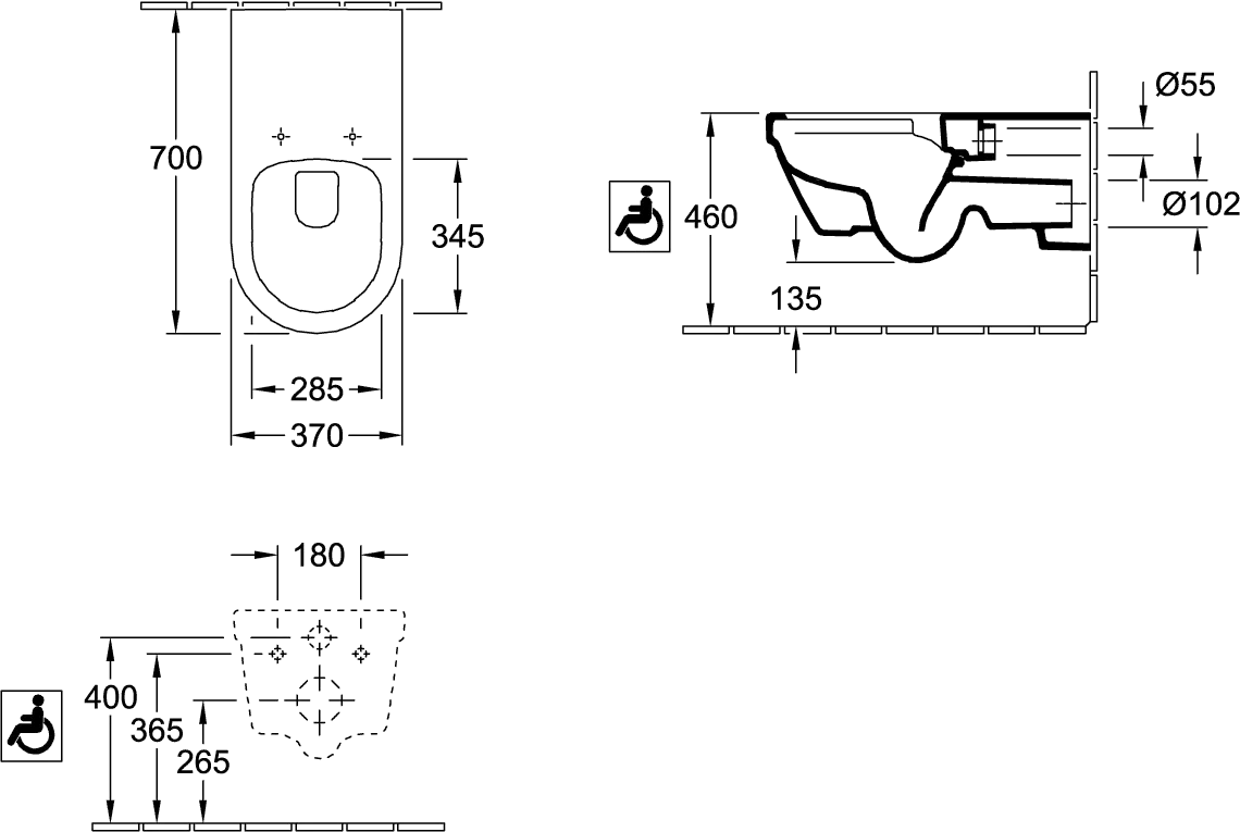 Wand-Tiefspül-WC Combi-Pack DirectFlush „ViCare“ mit Klappgriff „ViCare Design“ 37 × 32,5 × 70 cm ohne Spülrand