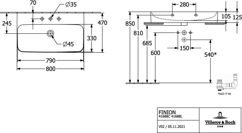 Villeroy & Boch Finion Wandwaschbecken Pure Black CeramicPlus, 800x470x165 mm, Rechteck, matt, mit verdecktem Überlauf und TitanCeram
