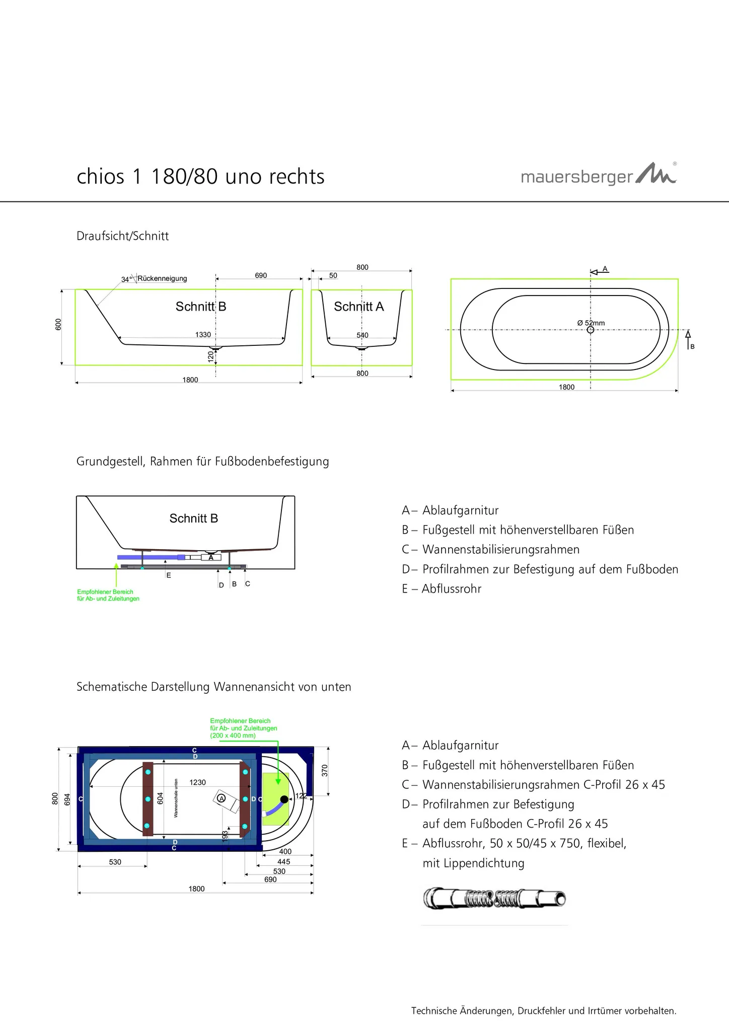 Mauersberger Badewanne „chios 1 uno“ 1800 × 800 mm, rechts in Weiß