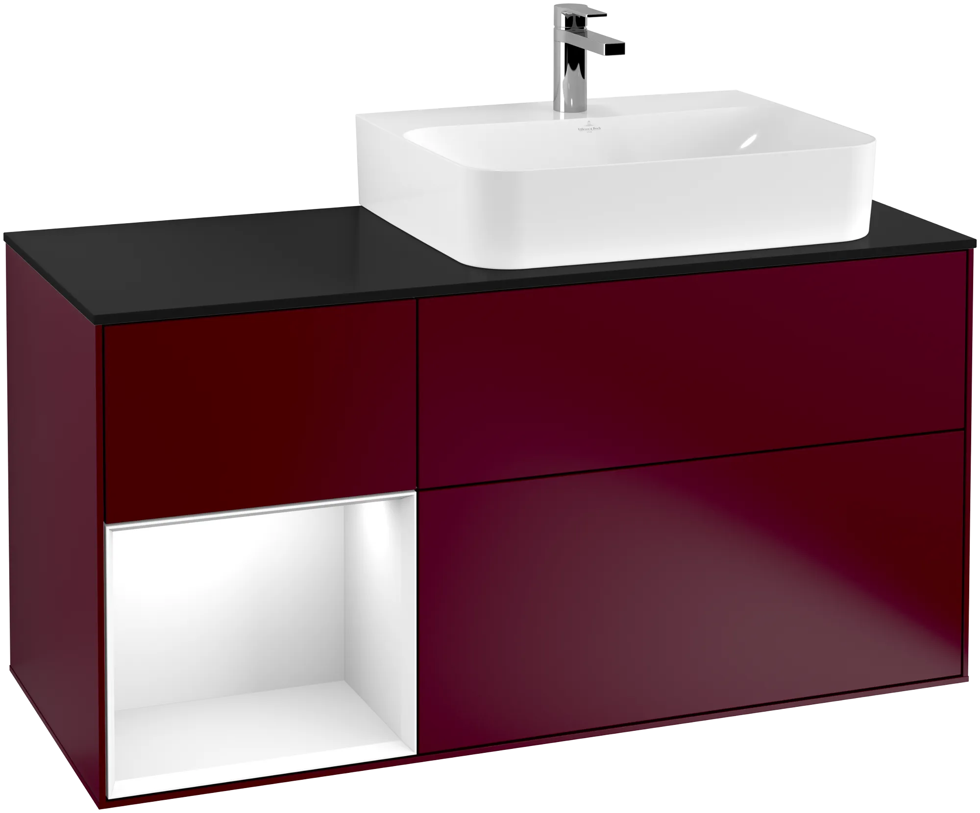 Villeroy & Boch Waschbeckenunterschrank Finion F14, 1200x603x501mm, Beleuchtung, 3 Auszüge, PEONY Matt Lackier, Glossy White Lackier, Glass Black Matt