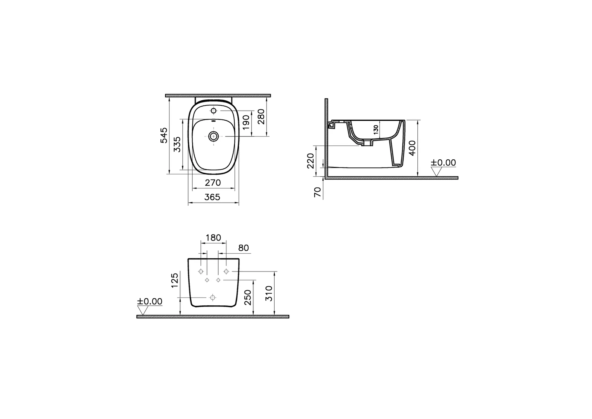 VitrA Plural Wand-Bidet mit verdeckter Befestigung, 37 x 55 cm, Taupe Matt VitrA Plural Wand-Bidet mit verdeckter Befestigung, 37 x 55 cm, Taupe Matt
