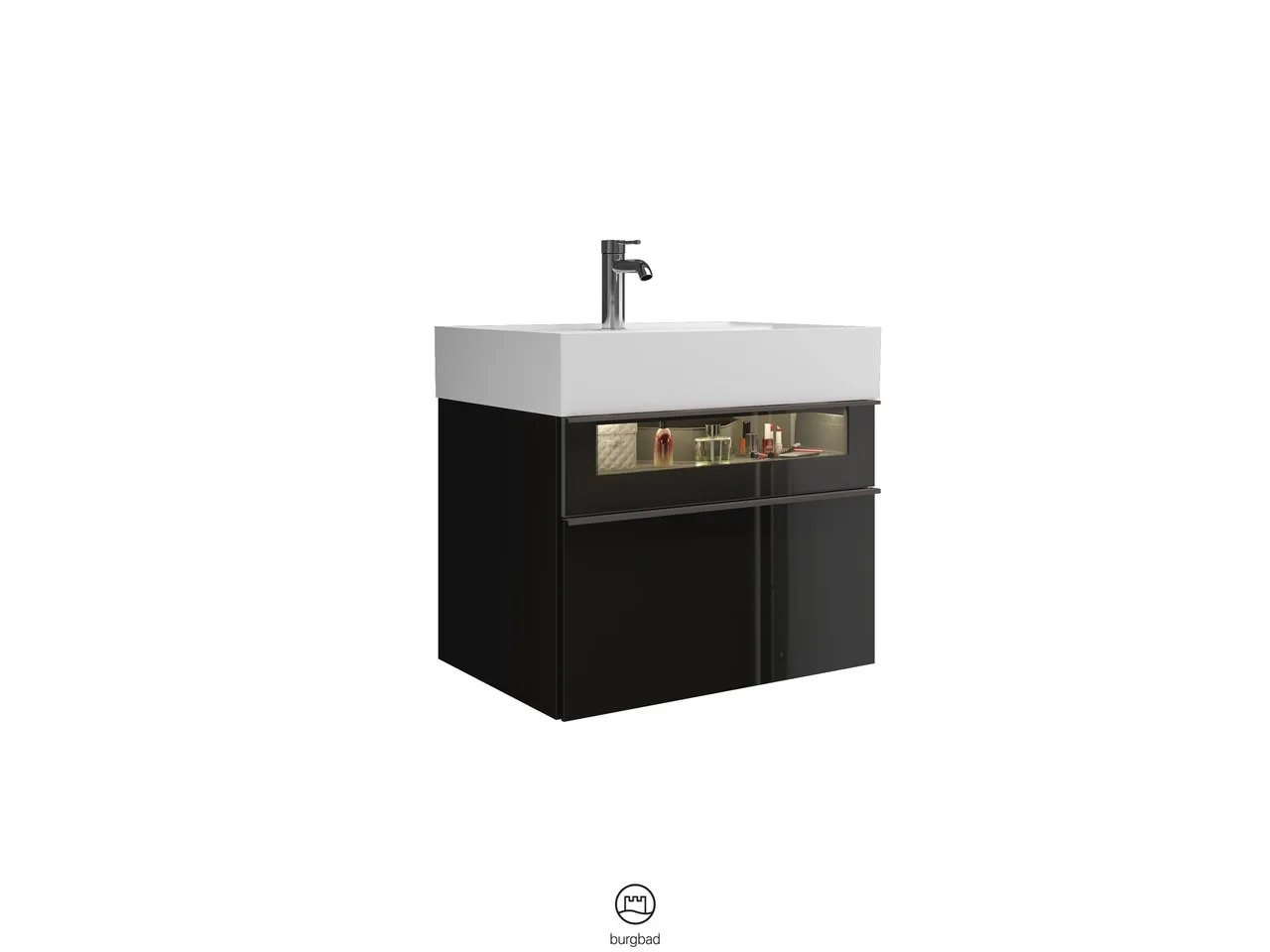 Yumo Mineralguss-Waschtisch inkl. WTU - burgbad, 470x665x610 mm, weiß mit Rauchglaseinsatz