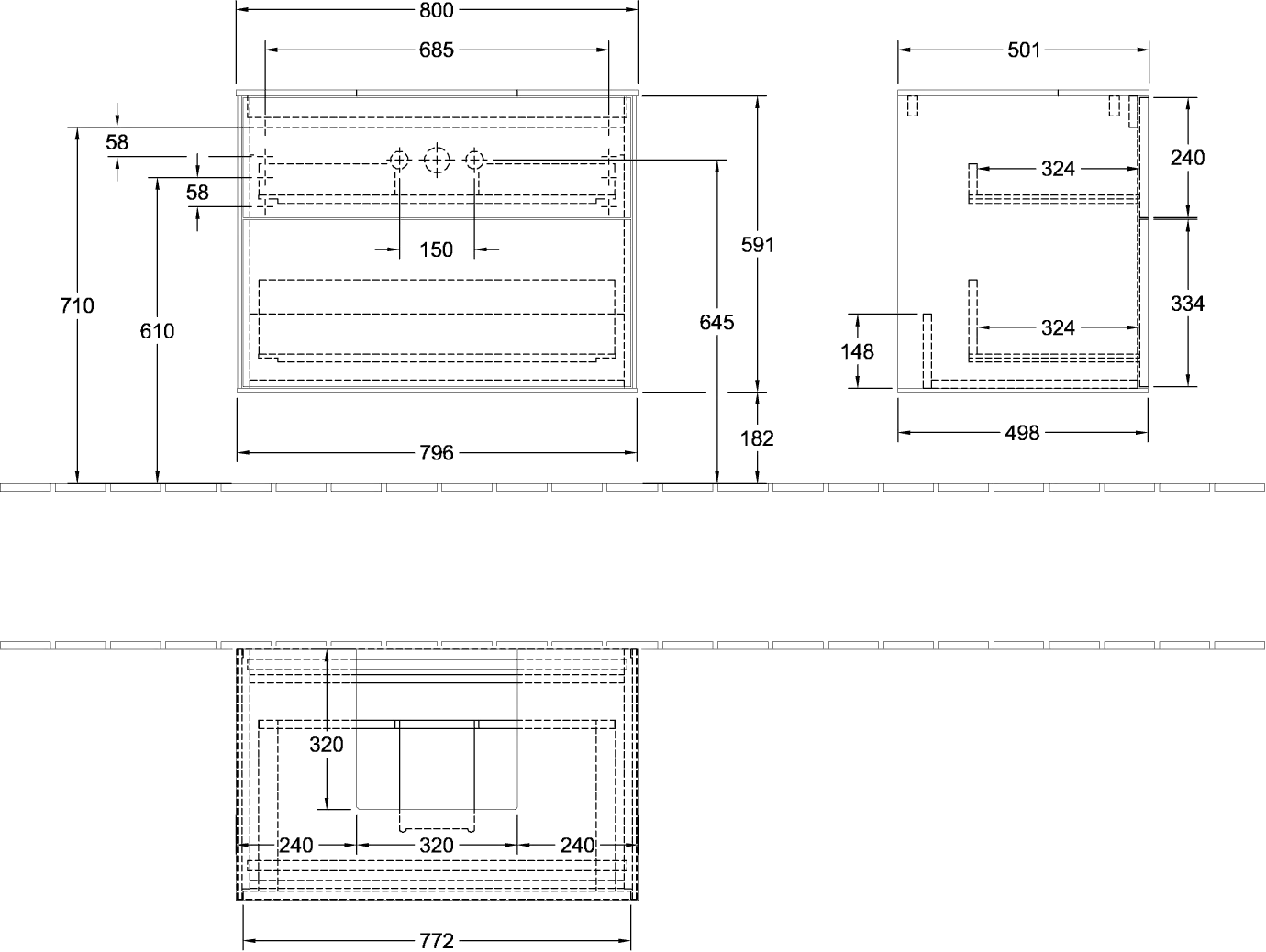 Villeroy & Boch Waschtischunterschrank „Finion“ für Schrankwaschtisch 80 × 60,3 × 50,1 cm 2 Schubladen, für Waschtischposition mittig