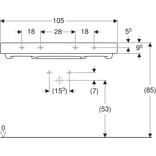 Wandwaschtisch „One“ mit horizontalem Ablauf, rechteckig, Hahnlochposition mittig 105 × 48 cm in weiß alpin mit KeraTect®