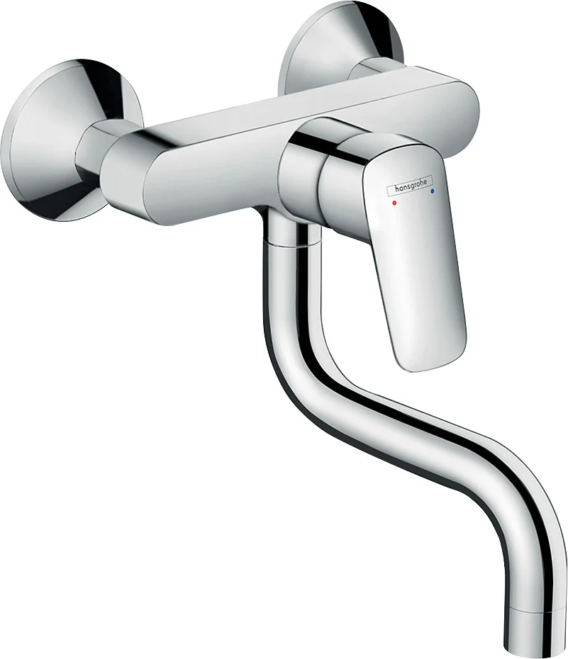 Hansgrohe Logis M31 Einhebel-Küchenmischer, Wandmontage Lowspout, 1-Jet, Chrom, Schwenkbereich 220°, Normalstrahl, Stichmaß 150 ± 12 mm, max. Durchflussmenge 13 l/min, Keramikmischsystem, einstellbare Temperaturbegrenzung, für Durchlauferhitzer geeignet