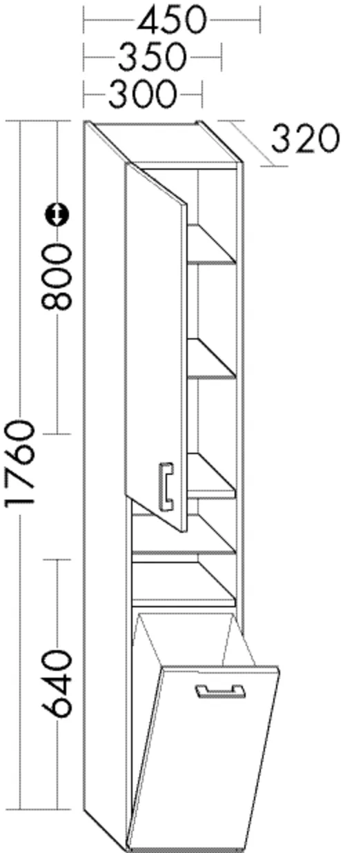 Hochschrank, 1 Tür;1 Wäschekippe;3 Glaseinlegeböden;2 feste Böden, Tiefe: 320 mm, Breite: 300 mm, Höhe: 1760 mm