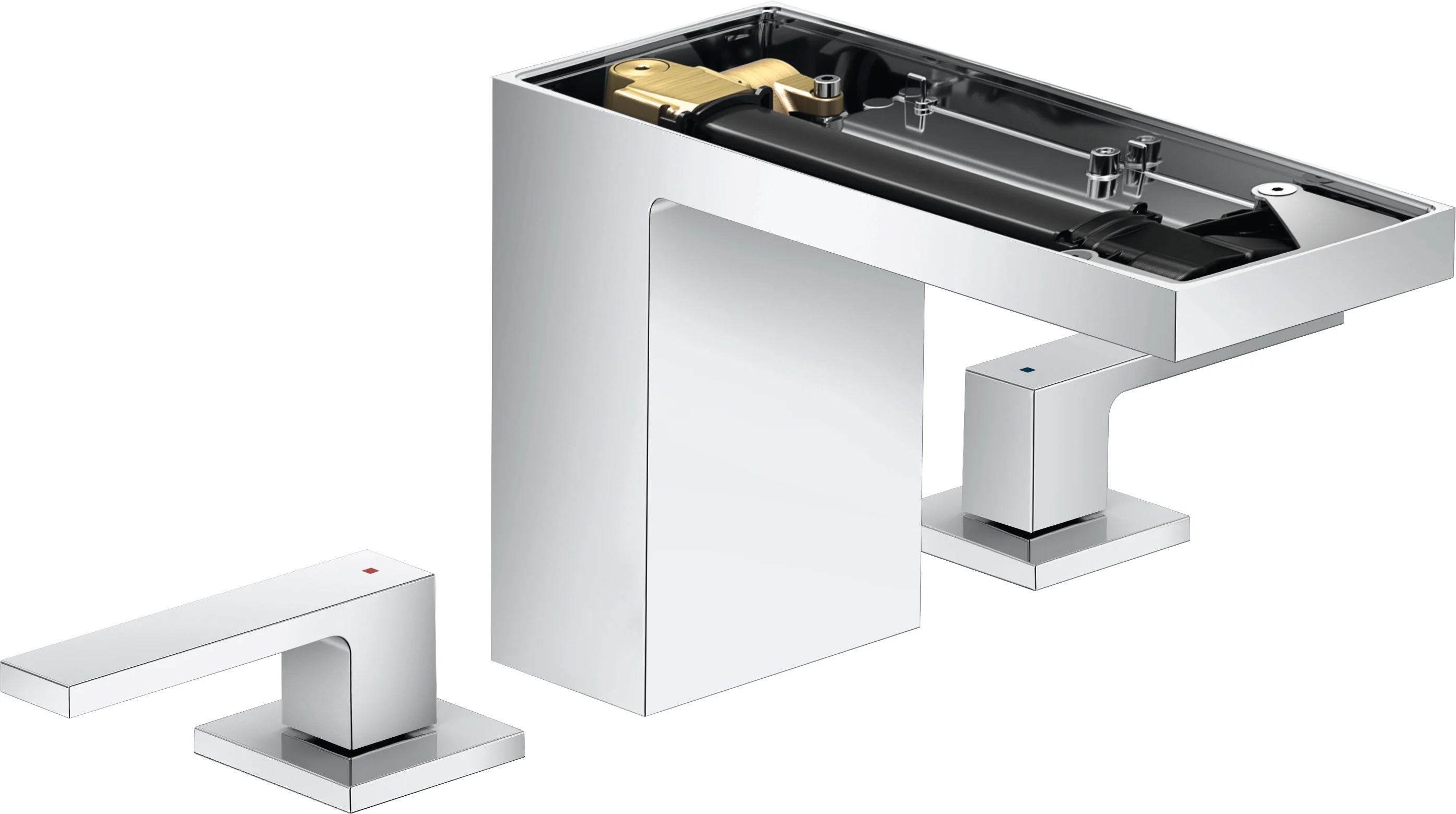 Hansgrohe AXOR MyEdition 3-Loch Waschtischarmatur Chrom, Ausladung 150 mm, ComfortZone 110, PowderRain Strahlart, max. Durchfluss 5 l/min