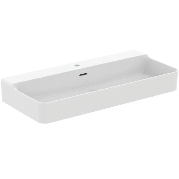 Waschbecken „Conca“ 100 × 45 × 16,5 cm, Hahnlochposition mittig in Seidenweiß Waschbecken „Conca“ 100 × 45 × 16,5 cm, Hahnlochposition mittig in Seidenweiß