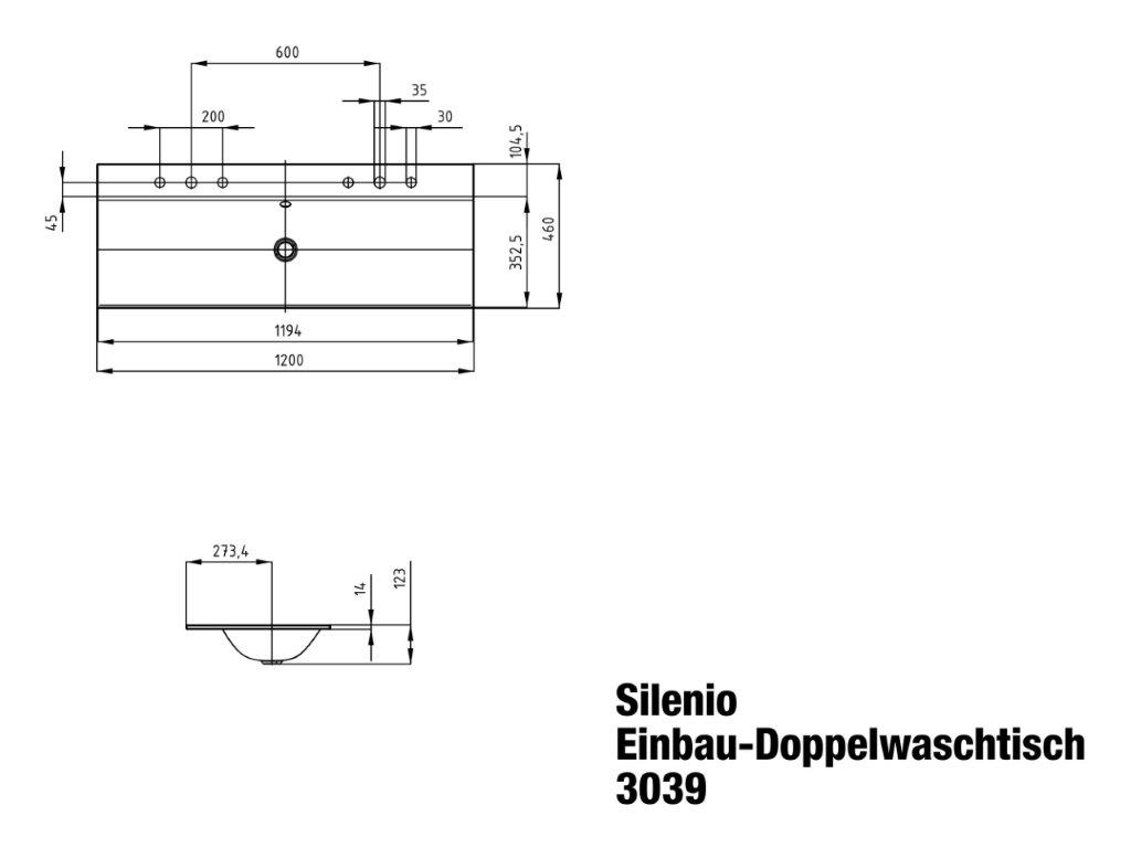 Doppelwaschtisch „Silenio“ 120 × 46 cm, ohne Hahnlochbohrung in schwarz, mit Perl-Effekt