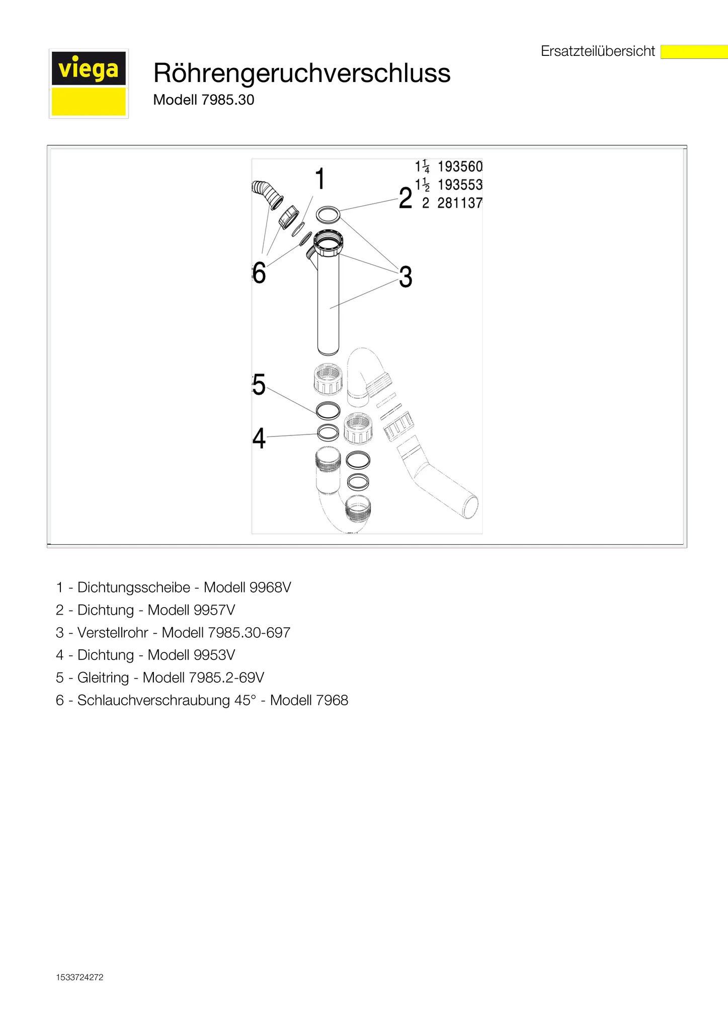 Viega Röhrengeruchverschluss Modell 7985.30 „Abläufe für Spülen“, „“ in G1 1 / 2 × 50 mm Kunststoff weiss 12,8 cm Viega Röhrengeruchverschluss Modell 7985.30 „Abläufe für Spülen“, „“ in G1 1 / 2 × 50 mm Kunststoff weiss 12,8 cm