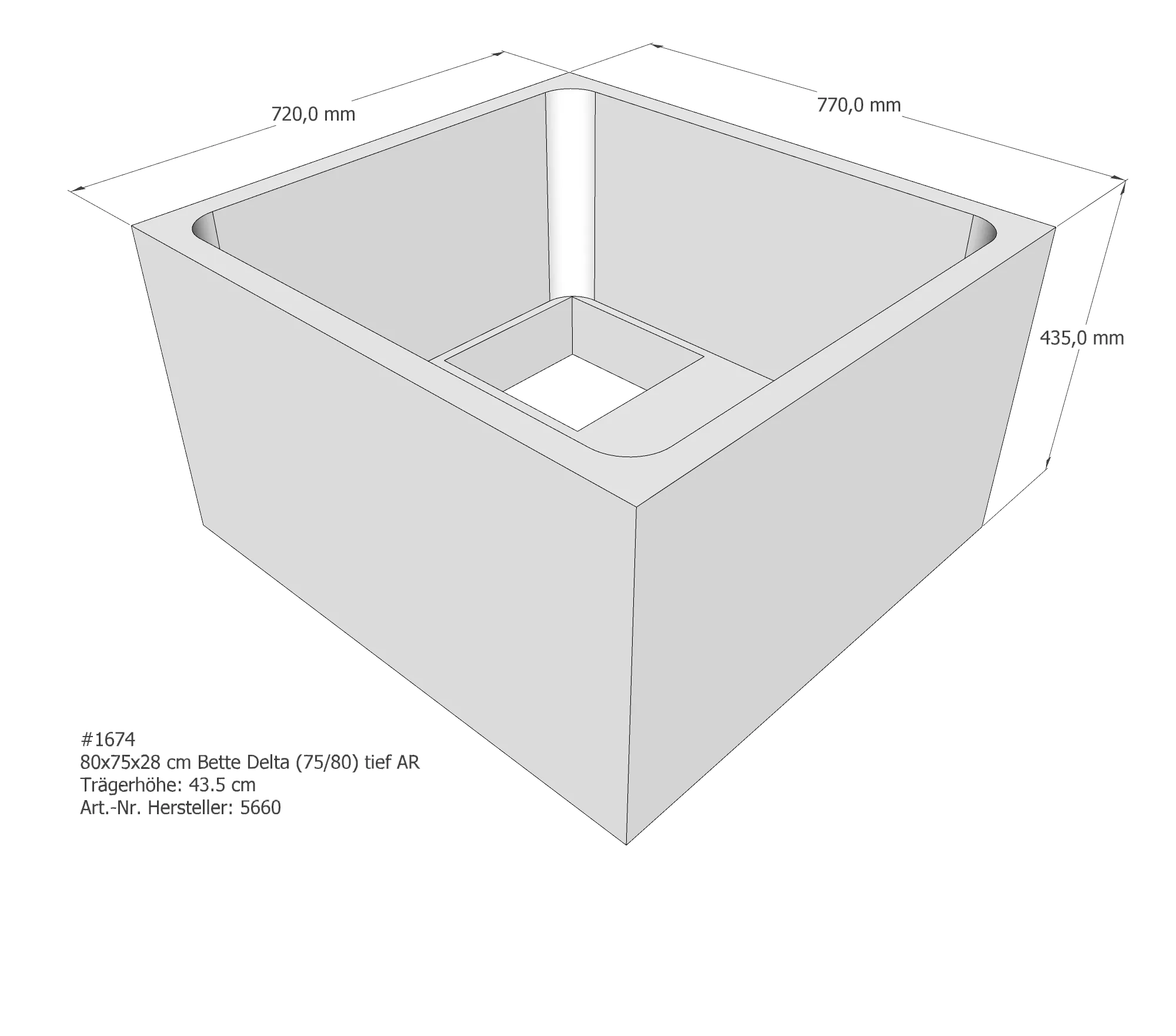 Duschwannenträger für Bette Delta (tief) 80 × 75 × 28 cm Breite: 75 cm / Länge: 80 cm