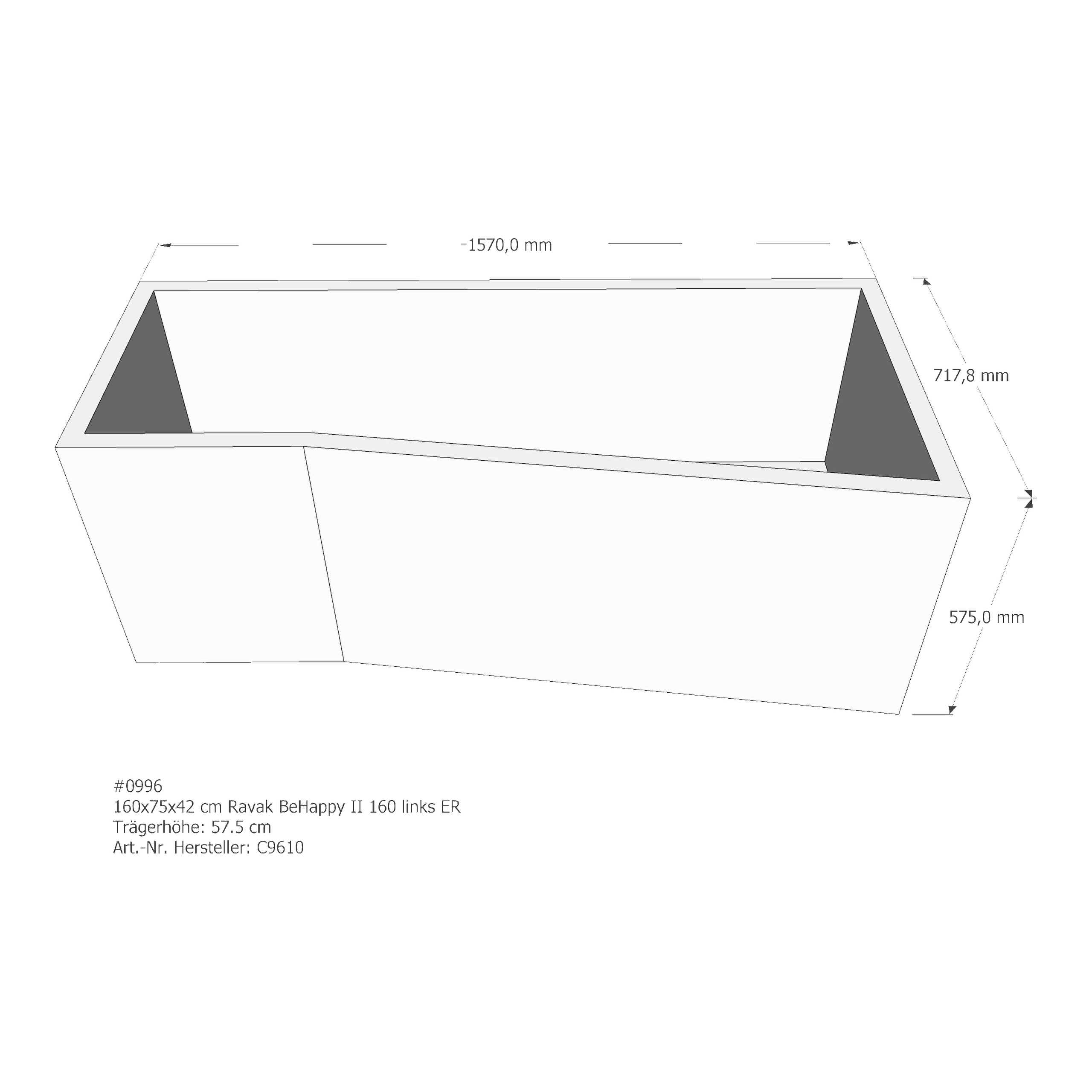 Badewannenträger für Ravak BeHappy II 160 links 160 × 75 × 42 cm