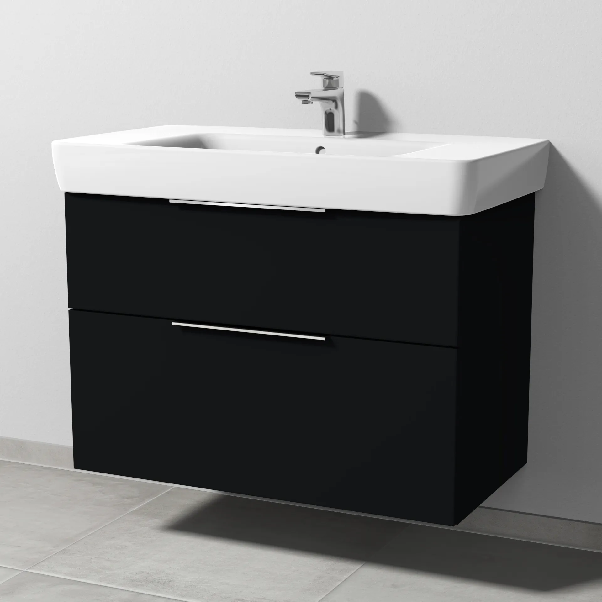 Sanipa Waschtischunterschrank „3way“ passend zu Keramik-Waschtische Renova Plan von Geberit 840 × 588 × 407 mm in Schwarz (matt), Becken mittig