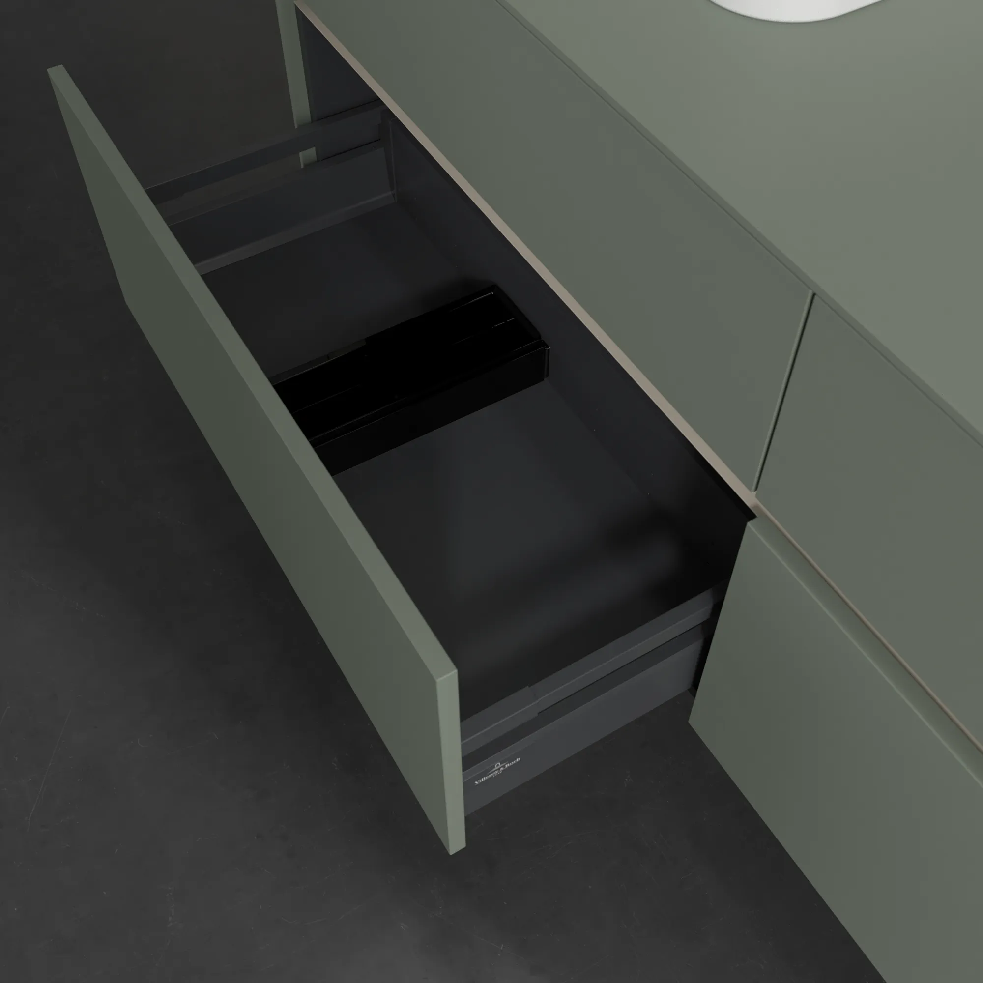 Villeroy & Boch Waschtischunterschrank „Collaro“ 1600 × 548 × 500 mm Soft Green, mit Beleuchtung, für Becken links Villeroy & Boch Waschtischunterschrank „Collaro“ 1600 × 548 × 500 mm Soft Green, mit Beleuchtung, für Becken links