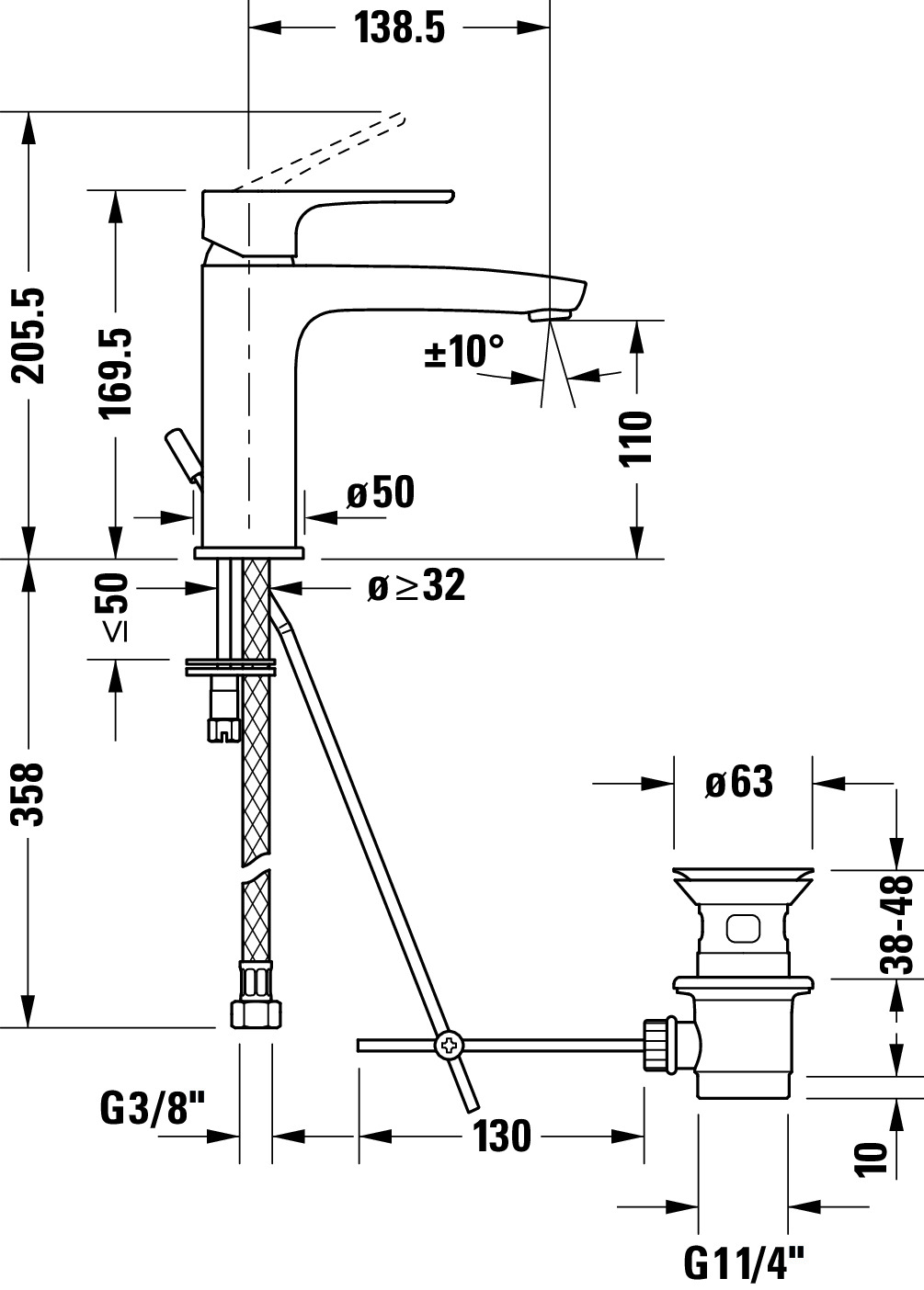 B.1 Einhebel-Waschtischmischer M mit Zugstange,Höhe 169,5 Auslauf138,5mm