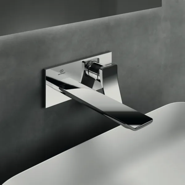 Wand-Waschtischarmatur Conca, Bausatz 2, eckige Rosette, Ausladung 220mm, Brushed Gold Wand-Waschtischarmatur Conca, Bausatz 2, eckige Rosette, Ausladung 220mm, Brushed Gold