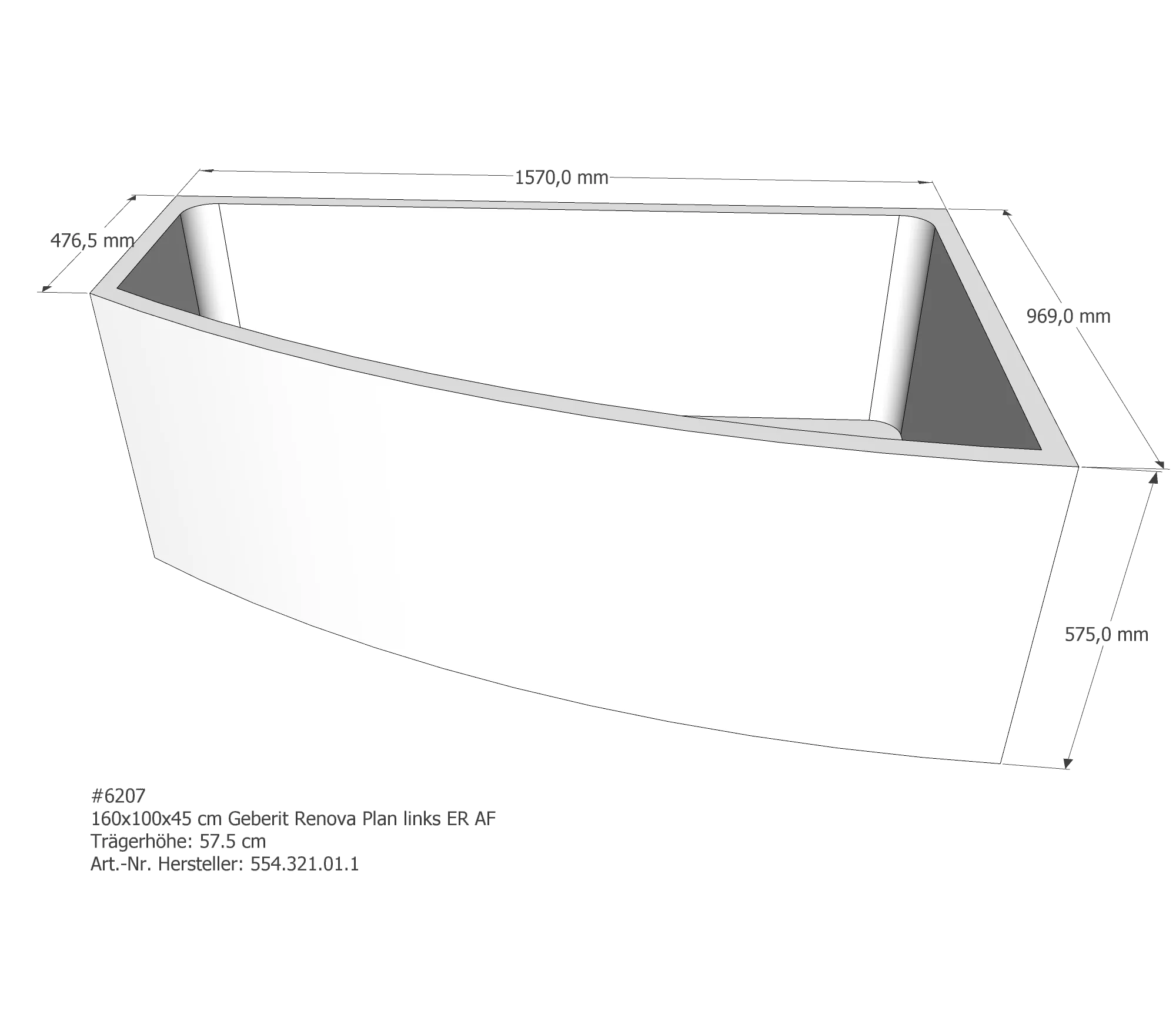 Badewannenträger für Geberit Renova Plan asym. links links 160 × 100 × 45 cm