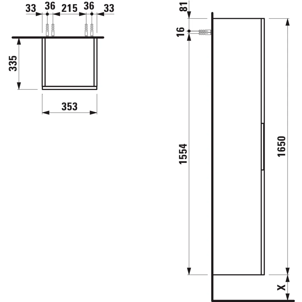 Hochschrank JUNA 335x353x1650 1Tür Scharnier rechts mit 4 Ablage mit Griffmulde weiß matt