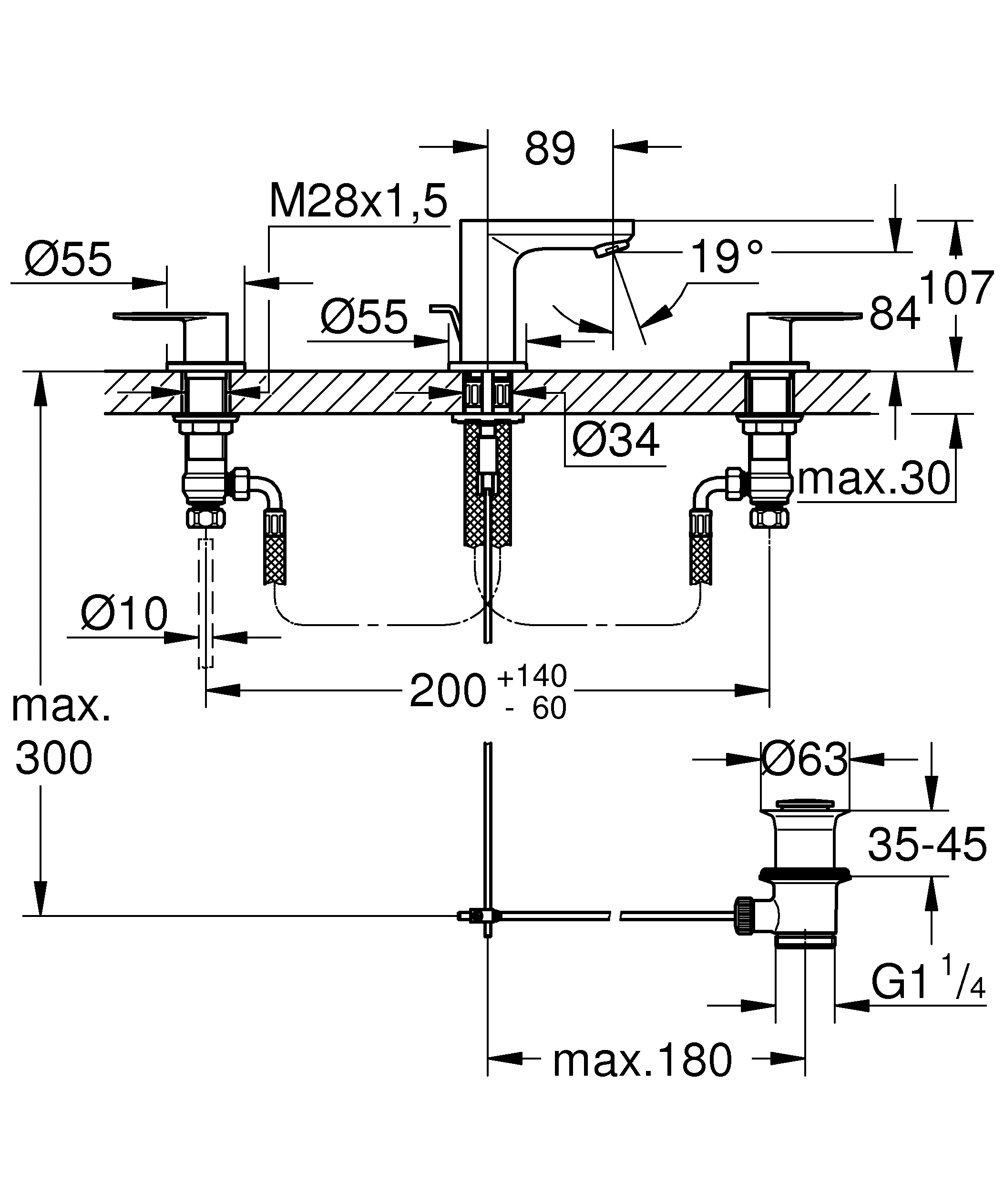 3-Loch-Waschtischbatterie Eurosmart Cosmopolitan 20187, Zugstangen-Ablaufgarnitur 1 1/4'', chrom