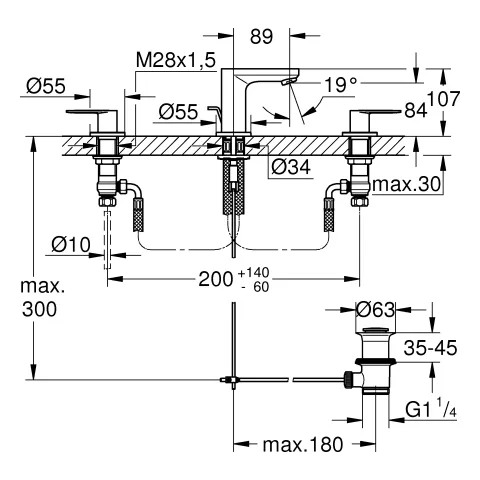 3-Loch-Waschtischbatterie Eurosmart Cosmopolitan 20187, Zugstangen-Ablaufgarnitur 1 1/4'', chrom 3-Loch-Waschtischbatterie Eurosmart Cosmopolitan 20187, Zugstangen-Ablaufgarnitur 1 1/4'', chrom