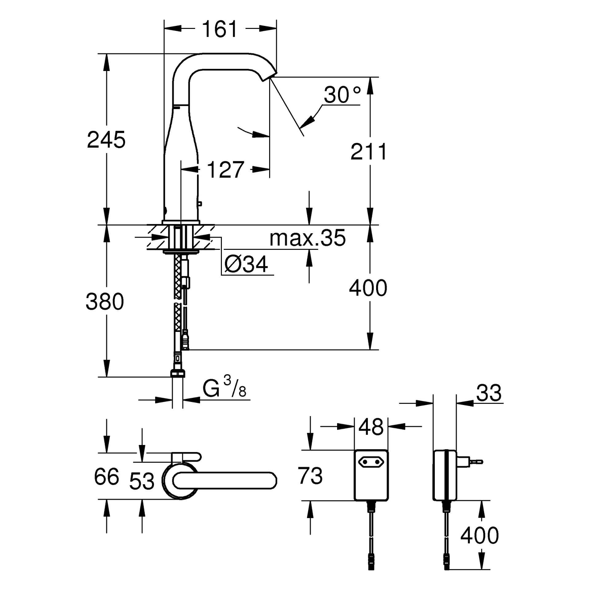 Infrarot-Elektronik für Waschtisch Essence E 36444, DN 15 mit Mischung und variabel einstellbarem Temperaturbegrenzer, mit Steckertrafo 100-230 V AC, 50-60 Hz, 6 V DC, Laminarstrahlregler 5,7 l/min, chrom