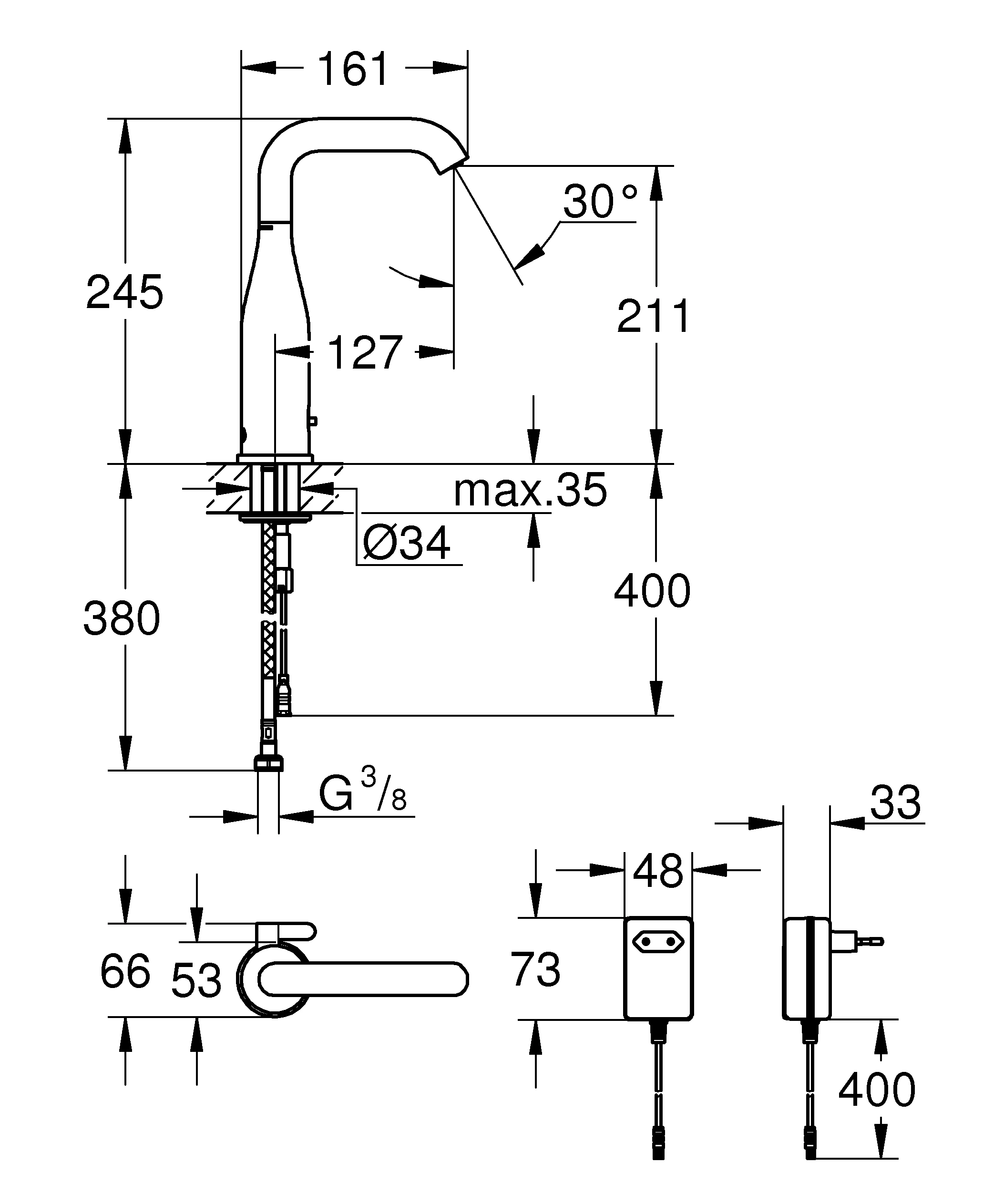 Infrarot-Elektronik für Waschtisch Essence E 36444, DN 15 mit Mischung und variabel einstellbarem Temperaturbegrenzer, mit Steckertrafo 100-230 V AC, 50-60 Hz, 6 V DC, Laminarstrahlregler 5,7 l/min, chrom