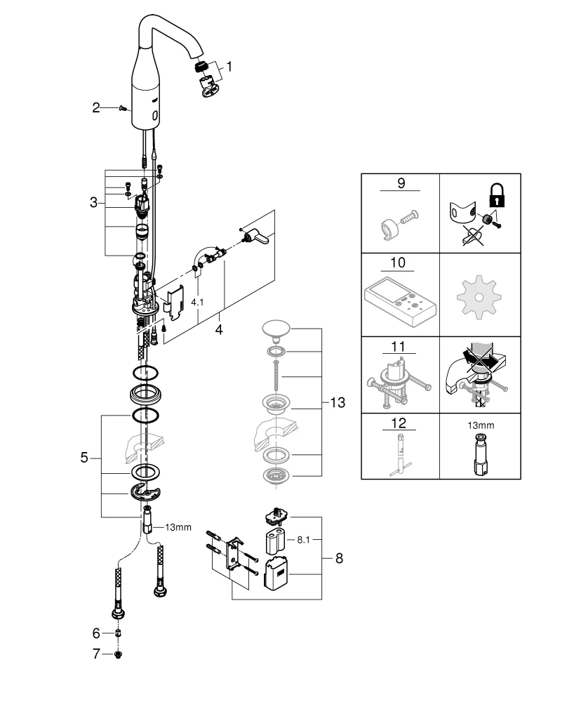 Infrarot-Elektronik für Waschtisch Essence E 36445, DN 15 mit Mischung und variabel einstellbarem Temperaturbegrenzer, 6 V Lithium-Batterie, Typ CR-P2, Laminarstrahlregler 5,7 l/min, chrom