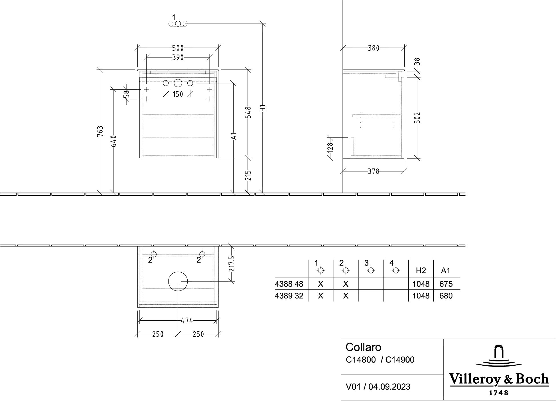 Villeroy & Boch Waschtischunterschrank „Collaro“ 500 × 548 × 380 mm Weiß Matt, für Becken mittig, Anschlag rechts, ohne Beleuchtung