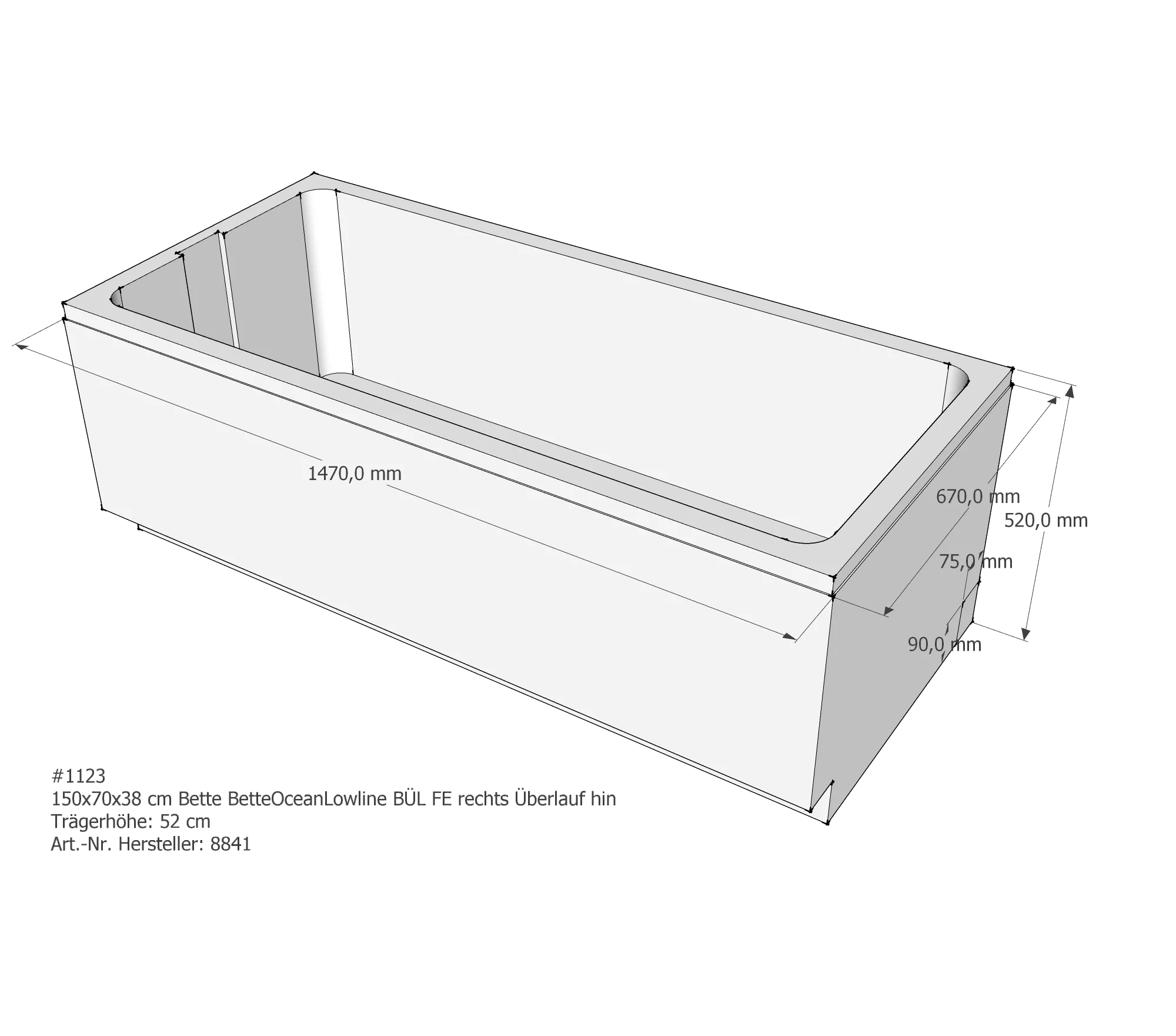 Badewannenträger für Bette Ocean Lowline 150 × 70 × 38 cm Ab- und Überlaufposition: hinten