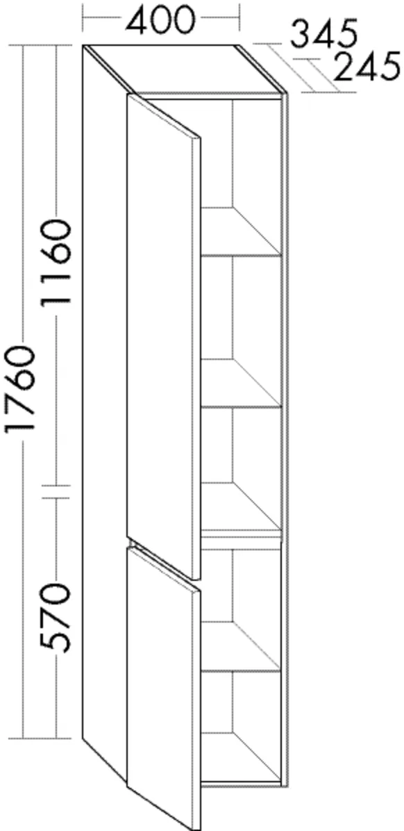 Hochschrank, 2 Türen;3 Glaseinlegeböden;1 fester Boden, Tiefe: 245 mm, Breite: 400 mm, Höhe: 1760 mm