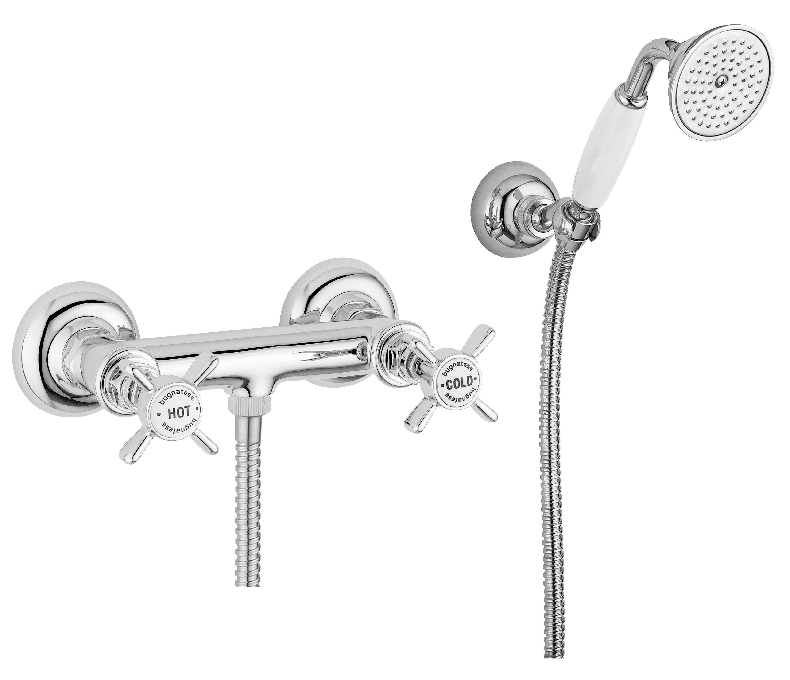 Brausebatterie AqvaRetro II - S-Anschlüsse und Rosetten - keramische Innenoberteile 90° - inkl. Brausegarnitur - inkl. Brause-Wandhalter - chrom Brausebatterie AqvaRetro II - S-Anschlüsse und Rosetten - keramische Innenoberteile 90° - inkl. Brausegarnitur - inkl. Brause-Wandhalter - chrom