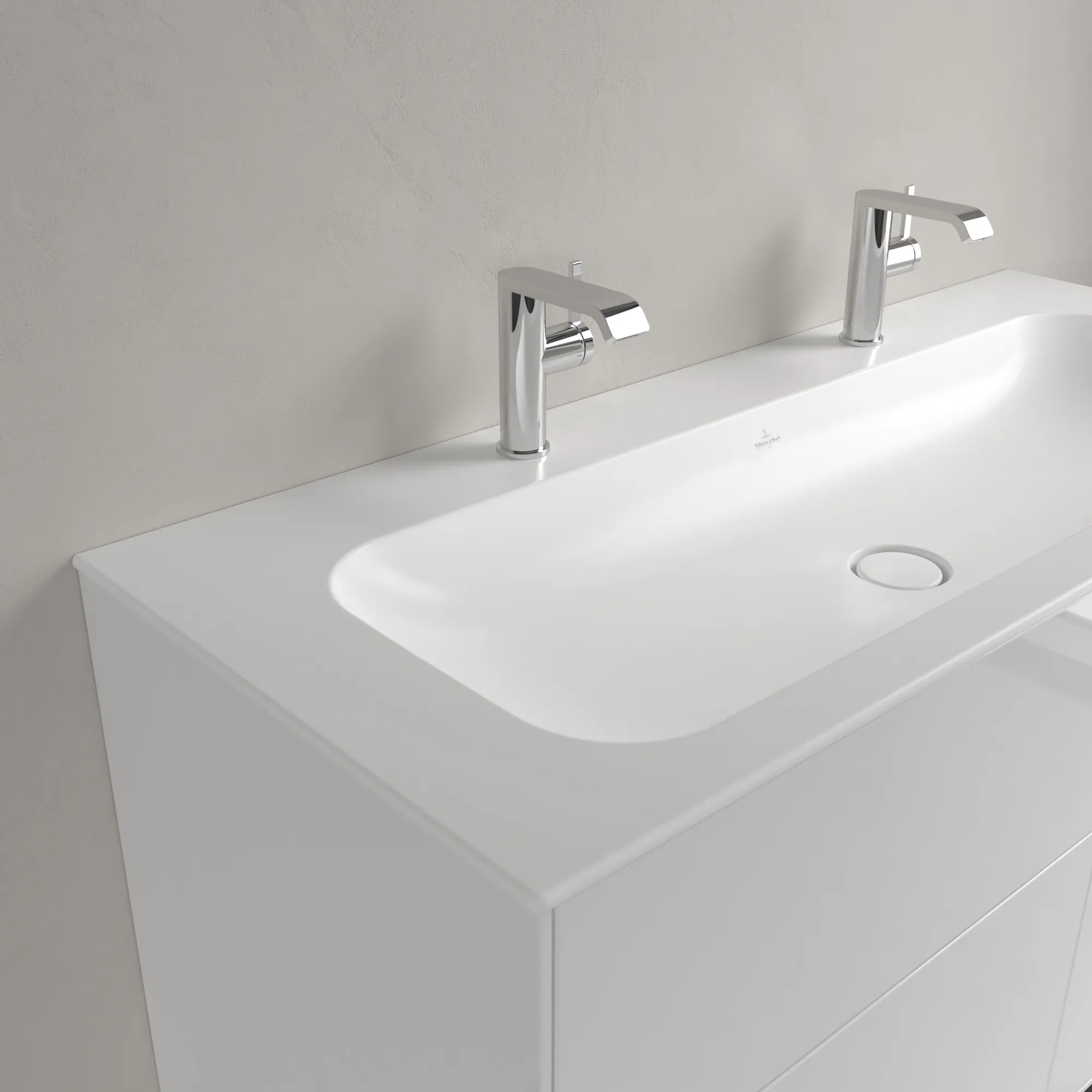 Villeroy & Boch Schrankwaschtisch aus TitanCeram „Finion“ 1200 × 500 × 160 mm, Hahnlochposition links und rechts, mit Hahnlochbohrung in Stone White, mit CeramicPlus Villeroy & Boch Schrankwaschtisch aus TitanCeram „Finion“ 1200 × 500 × 160 mm, Hahnlochposition links und rechts, mit Hahnlochbohrung in Stone White, mit CeramicPlus