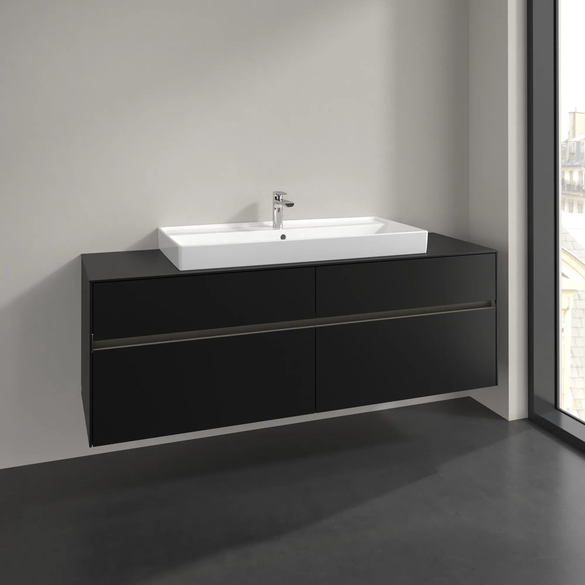Villeroy & Boch Waschtischunterschrank „Collaro“ 1600 × 548 × 500 mm Volcano Black, mit Beleuchtung, für Becken mittig
