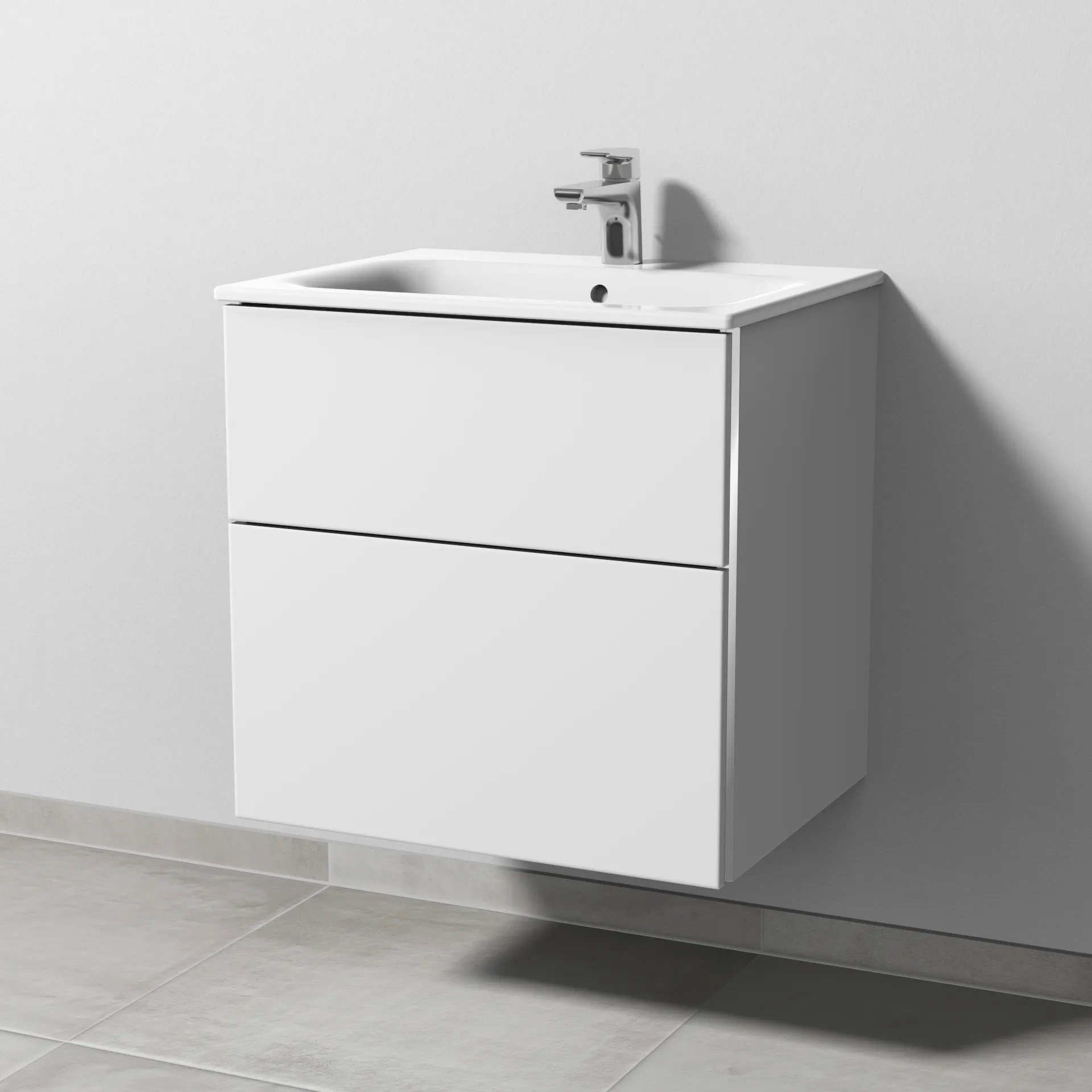 Sanipa Waschtischunterschrank „3way“ passend zu Keramik-Waschtische Renova Plan Slim von Geberit 585 × 582 × 472 mm in Weiß-Soft