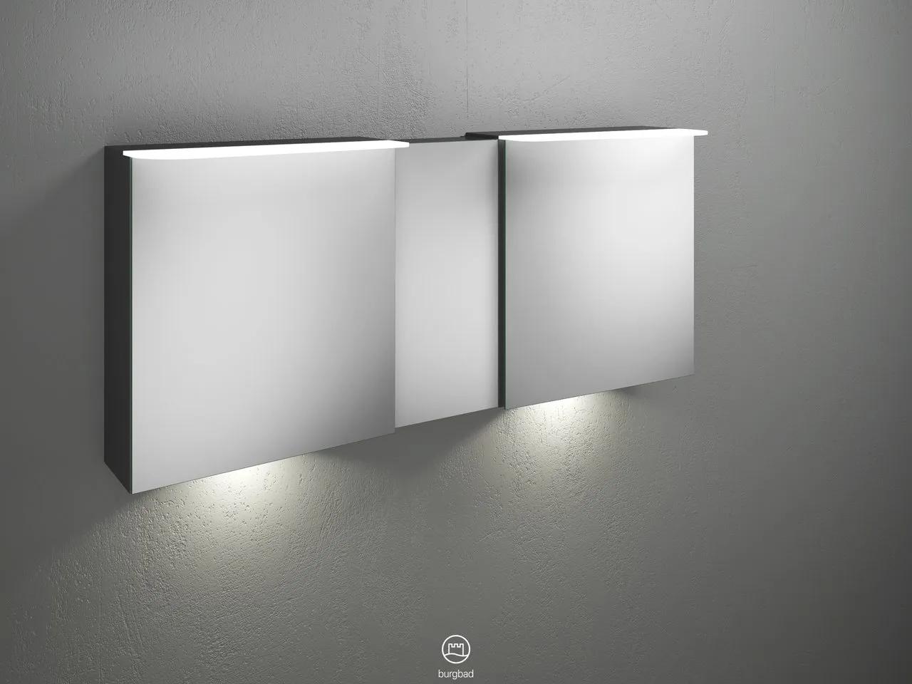 Badu Spiegelschrank SFUF150 von burgbad - 310 mm tief, 1.500 mm breit, 665 mm hoch mit 3 beidseitig verspiegelten Spiegeln und LED-Beleuchtung Badu Spiegelschrank SFUF150 von burgbad - 310 mm tief, 1.500 mm breit, 665 mm hoch mit 3 beidseitig verspiegelten Spiegeln und LED-Beleuchtung