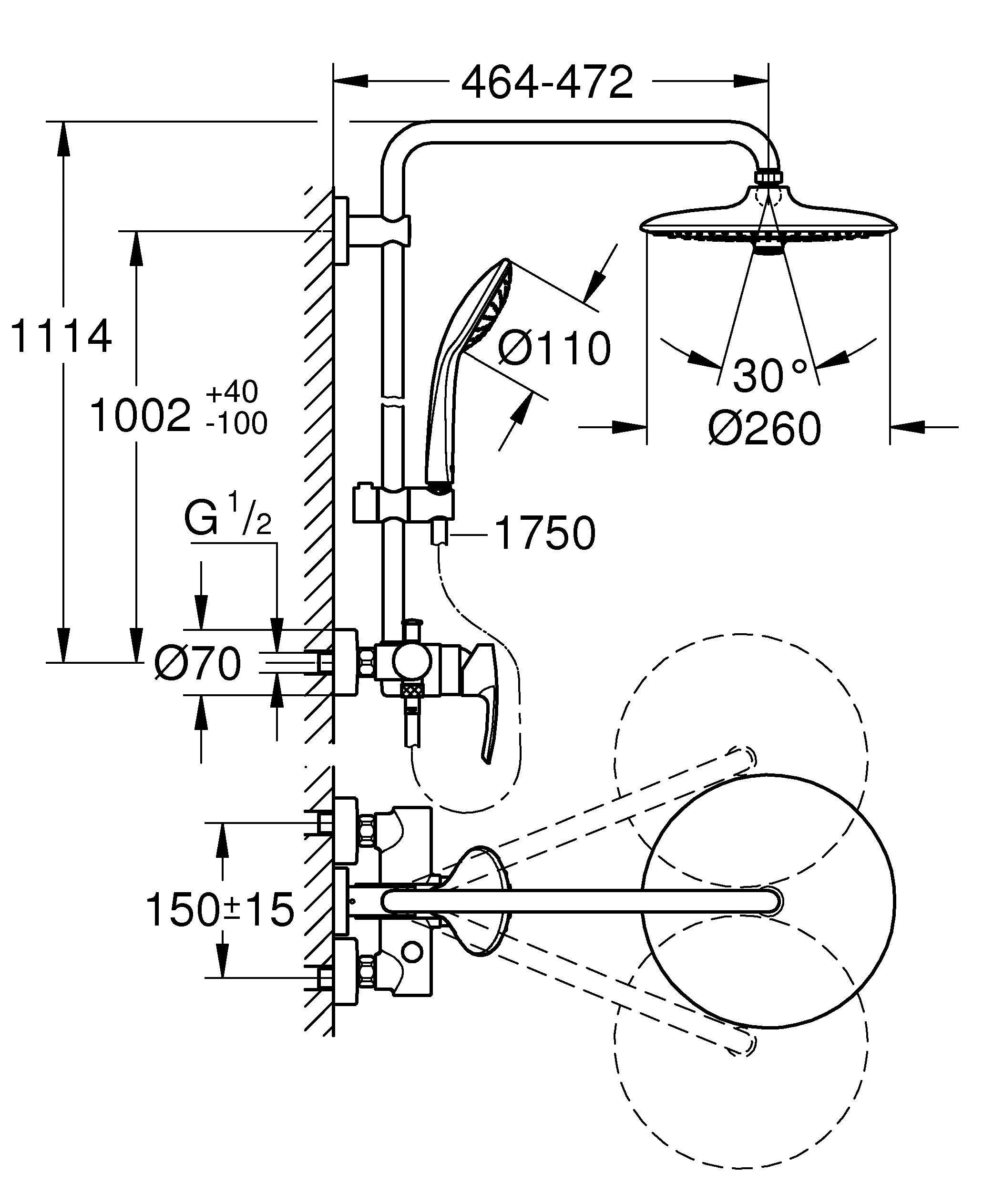 Duschsystem Euphoria System 260 27473_2, Aufputz-Einhand-Brausebatterie mit Umstellung, Wandmontage, 450 mm Duscharm, Kopfbrause Euphoria 260 (26457), Handbrause Euphoria 110 Massage (27239), chrom