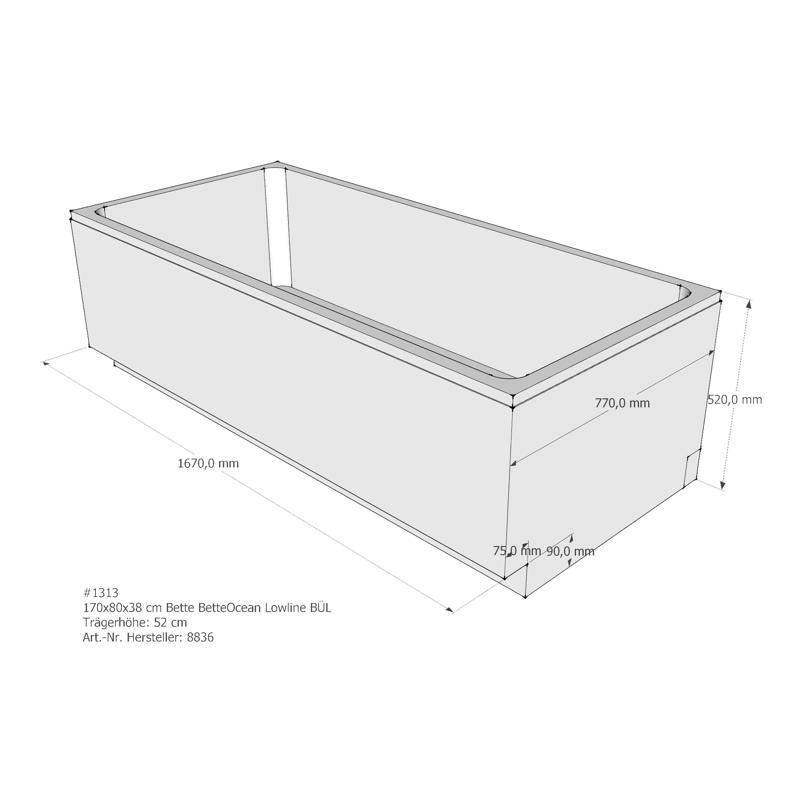 Badewannenträger für Bette Ocean Lowline 170 × 80 × 38 cm Ab- und Überlaufposition: hinten / Breite: 80 cm / Länge: 170 cm Badewannenträger für Bette Ocean Lowline 170 × 80 × 38 cm Ab- und Überlaufposition: hinten / Breite: 80 cm / Länge: 170 cm
