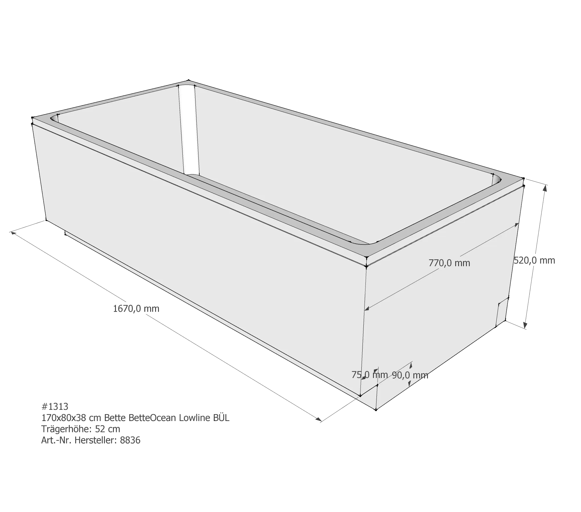 Badewannenträger für Bette Ocean Lowline 170 × 80 × 38 cm Ab- und Überlaufposition: hinten / Breite: 80 cm / Länge: 170 cm