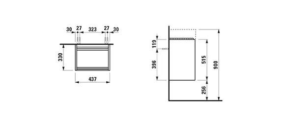 Waschtischunterbau LANI 330x437x515 1 Tür Scharnier links integrierte Griffleiste und Soft-Close 1 Glasablage (fix) für Waschtisch Kartell • H815330 weiß matt