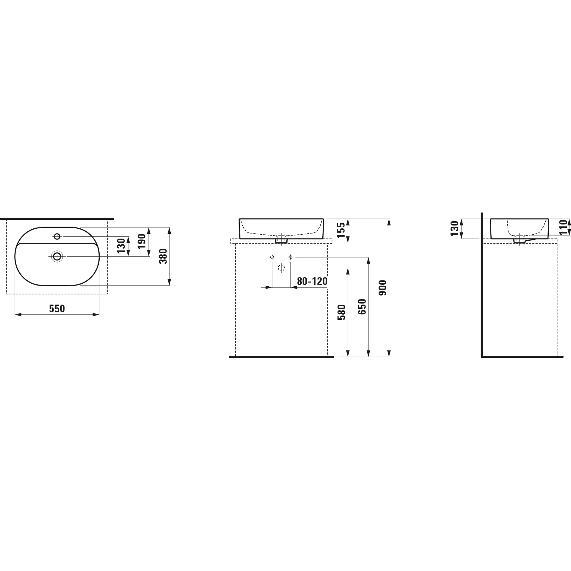 Waschtisch-Schale SAVOY 380x550x155 oval mit Hahnlochbank mit Hahnloch mit Überlauf weiß
