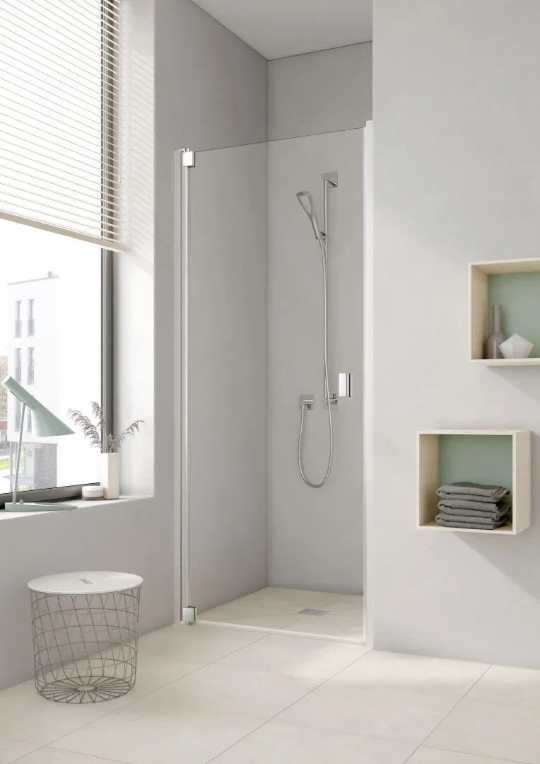 Kermi Pendeltür 1-flügelig links für Nische und Ecke „RAYA“ Glas Klar, Profile Silber Mattglanz, BV: 718 - 758 mm GAK: 705 - 735 mm WE: 718 - 758 mm H: 1850 mm