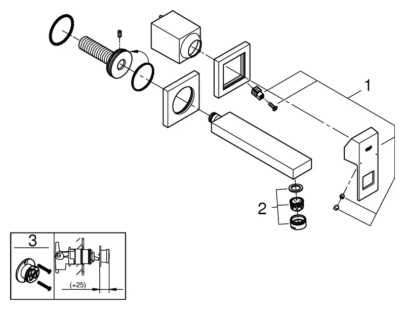 2-Loch-Waschtischbatterie Eurocube 19895, Wandmontage, Fertigmontageset für 23200, Ausladung 171 mm, chrom