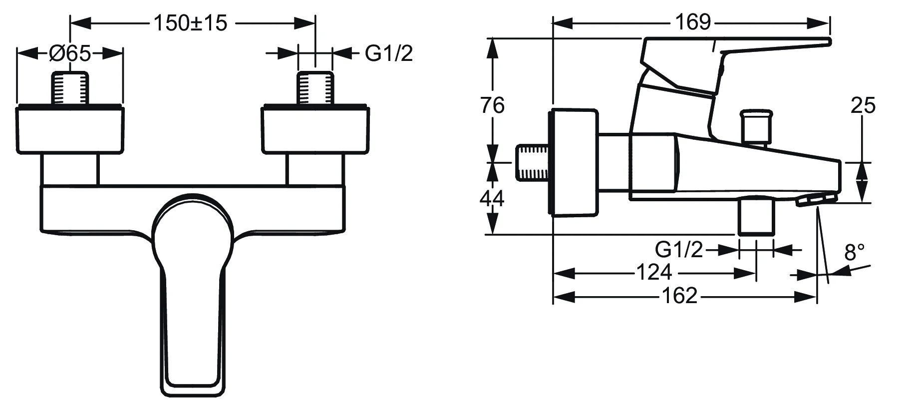 HansaTWIST Einhebelmischer Wannenfüll- und Brausebatterie 0974 Ausladung 162 mm DN15 Matt-Schwarz