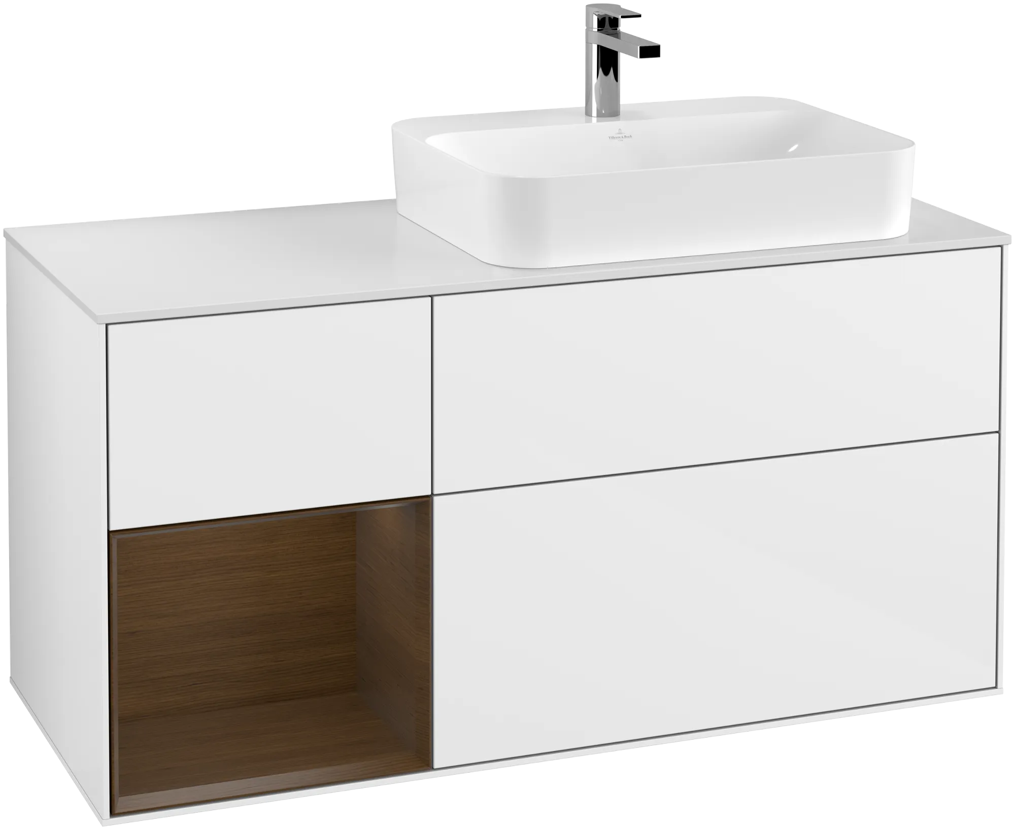 Villeroy & Boch Finion Waschbeckenunterschrank F39 1200x603x501mm Glossy White Lacquer / Walnut Veneer / Glass White Matt
