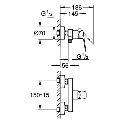 Einhand-Brausebatterie Cubeo 101824, Wandmontage, S-Anschlüsse, Wandrosette, eigensicher, chrom Einhand-Brausebatterie Cubeo 101824, Wandmontage, S-Anschlüsse, Wandrosette, eigensicher, chrom