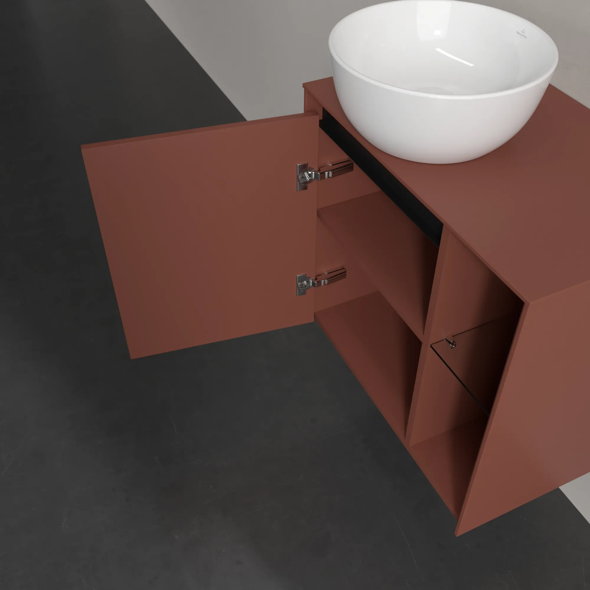 Villeroy & Boch Waschtischunterschrank „Collaro“ 600 × 548 × 380 mm Wine Red, für Becken links, Anschlag links, mit Beleuchtung Villeroy & Boch Waschtischunterschrank „Collaro“ 600 × 548 × 380 mm Wine Red, für Becken links, Anschlag links, mit Beleuchtung